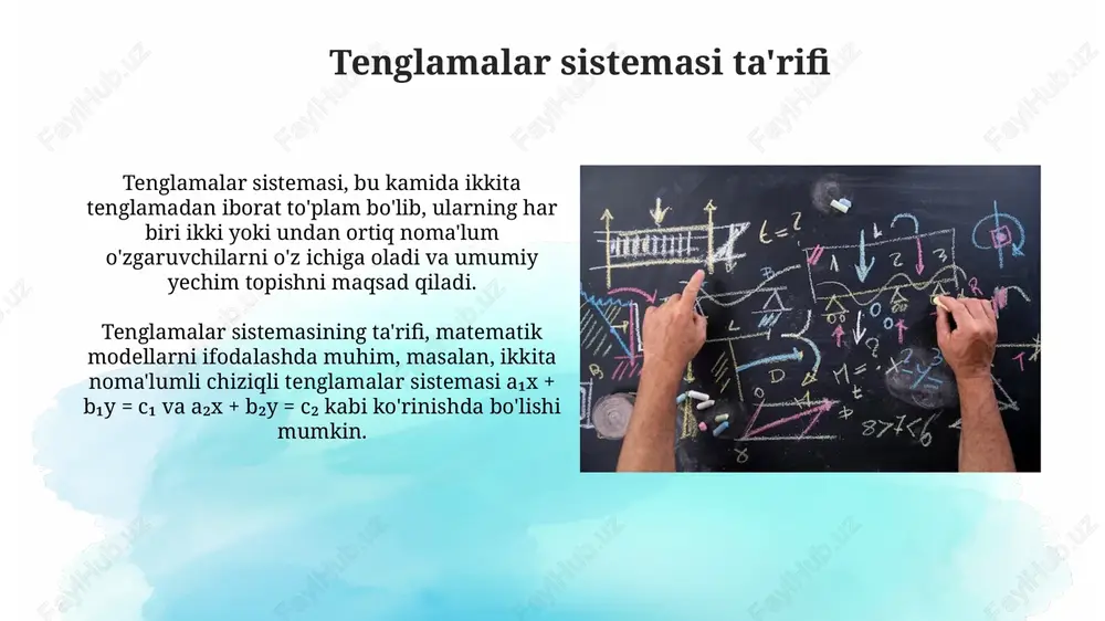 matritsa yuqori uchburchak shakliga keltiriladi, bu esa tenglamalar sistemasini orqaga almashtirish orqali yechish imkonini beradi. determinantlar usuli (kramer qoidasi) kramer qoidasi faqatgina n ta noma'lumli n ta tenglamali chiziqli tenglamalar sistemalarini yechish uchun qo'llaniladi, bunda determinant nolga teng bo'lmasligi shart. har bir noma'lumni topish uchun, asosiy determinantni o'rniga shu noma'lumning koeffitsientlar ustunini ozod hadlar ustuni bilan almashtirib, yangi determinant hisoblanadi. tenglamalar sistemasini modellashtirish tenglamalar sistemasini modellashtirishda real dunyo muammolarini matematik shaklga o'tkazamiz, masalan, 2 noma'lumli 2 ta tenglamalar sistemasi orqali ikki xil mahsulot narxini aniqlash mumkin. iqtisodiyotda, 3 ta resursning taqsimotini modellashtirish uchun 3 noma'lumli 3 ta chiziqli tenglamalar sistemasidan foydalanish mumkin, bu esa resurslarni optimal taqsimlashga yordam beradi. amaliy misollar (masalalar yechimi) ikki noma'lumli chiziqli tenglamalar sistemasini modellashtirishda, 2 xil mahsulotning narxini topish uchun, umumiy xarajatlar va miqdorlar berilgan bo'lishi mumkin. muvozanat nuqtasini aniqlash masalalarida talab va taklif funksiyalarini tenglamalar sistemasi sifatida ifodalash va 2 ta chiziqli tenglamani yechish …