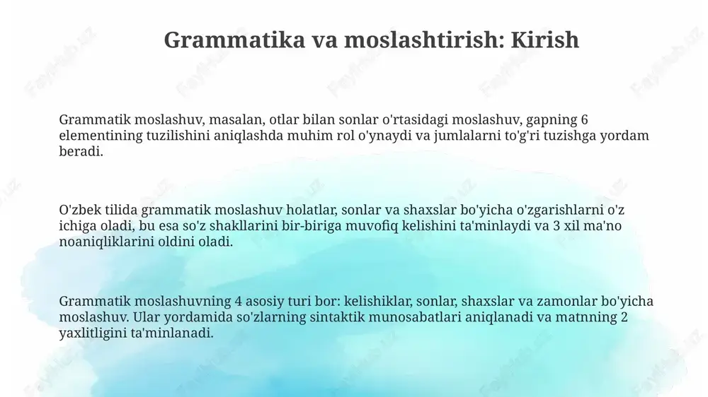 aydi, masalan, ot va sifatning kelishik, son va jins bo'yicha moslashuvi. grammatik moslashtirish uslubiy vosita sifatida ishlatilishi mumkin, bunda yozuvchi o'quvchiga ta'sir o'tkazish uchun qoidabuzarliklarni qo'llaydi, masalan, 1-shaxs o'rniga 3-shaxsni ishlatish orqali hissiyotni susaytirish. ba'zi adabiy janrlarda, masalan, she'riyatda, grammatik moslashtirish ritm va ohangni yaratishda muhim rol o'ynaydi; 4/4 o'lchovdagi she'rda so'zlar urg'usi mos kelishi kerak. grammatik moslashtirishning afzalliklari moslashtirilgan grammatika yordamida, talabalar 30% tezroq o'rganishlari mumkin, chunki individual ehtiyojlarga moslashgan holda aniq tushunchalarni o'zlashtirish osonlashadi. grammatik moslashtirish, 80% gacha xatolarni kamaytirishi mumkin, matnning tushunarliligini oshirib, professional darajadagi aloqa uchun zaruriy imkoniyat yaratadi. korxonalarda grammatik moslashuv 50% samaradorlikni oshirishi mumkin, chunki xodimlar xatosiz va aniq hujjatlar tayyorlash orqali vaqtni tejaydilar. moslashtirishning cheklovlari moslashtirish xarajatlari yuqori bo'lishi mumkin, ayniqsa katta hajmdagi 1000+ ma'lumotlar to'plamida, bu esa byudjet cheklovlarini keltirib chiqarishi mumkin. murakkab grammatik tuzilmalarni moslashtirish qiyin, ba'zan 70% aniqlikka erishish mumkin bo'lsa-da, kamdan kam hollarda 95% dan oshadi. ma'lumotlarning etishmasligi moslashtirishni …