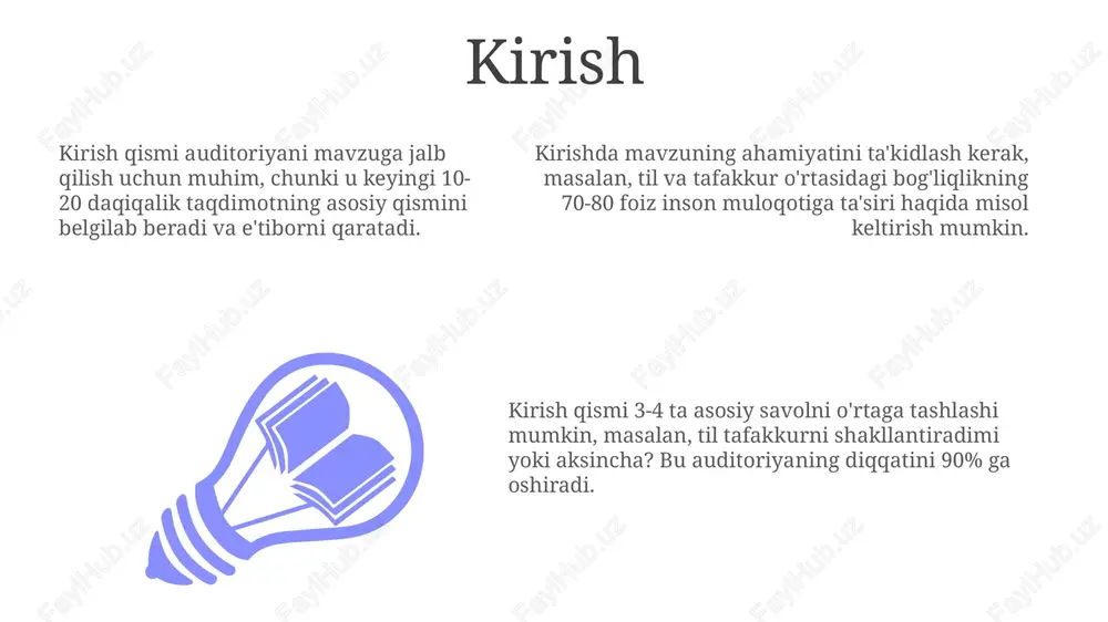 tishi mumkin. 3-raqamli tajribalar, xususan, ranglarni farqlash bo'yicha tadqiqotlar, til kategoriyalari fikrlashni ta'sir qilishi mumkinligini ko'rsatgan bo'lsa-da, bu ta'sir darajasi ko'pincha bahsli, chunki biologik omillar ham muhim rol o'ynaydi. tafakkurning tilga ta'siri lingvistik nisbiylikning kuchli shakli, sapir-uorf gipotezasi, tilda mavjud bo'lgan 1500 ta so'z boyligi fikrlash imkoniyatlarini to'liq belgilaydi, degan bahsli da'voni o'z ichiga oladi. "tafakkurning tilga ta'siri" g'oyasi til strukturasi fikrlash jarayonlariga sezilarli ta'sir ko'rsatishini, masalan, grammatik qoidalar kognitiv jarayonlarni shakllantirishini ilgari suradi. ba'zi tadqiqotlar shuni ko'rsatadiki, 7000 ga yaqin tilda rang nomlari soni ranglarni idrok etishga ta'sir qilishi mumkin, ya'ni til kategoriyalari vizual tafakkurni biroz modellashtiradi. piagetning kognitiv rivojlanish nazariyasi piagetning nazariyasi 4 ta asosiy bosqichni o'z ichiga oladi: sensorimotor (0-2 yosh), preoperatsion (2-7 yosh), konkret operatsion (7-11 yosh) va formal operatsion (11 yoshdan yuqori). assimilyatsiya va akkomodatsiya kabi kognitiv jarayonlar bolaning dunyoni tushunishini shakllantiradi; assimilyatsiya mavjud sxemalarga yangi ma'lumotlarni kiritishni anglatadi. sensorimotor bosqichda chaqaloqlar reflekslar va sensor-motor …