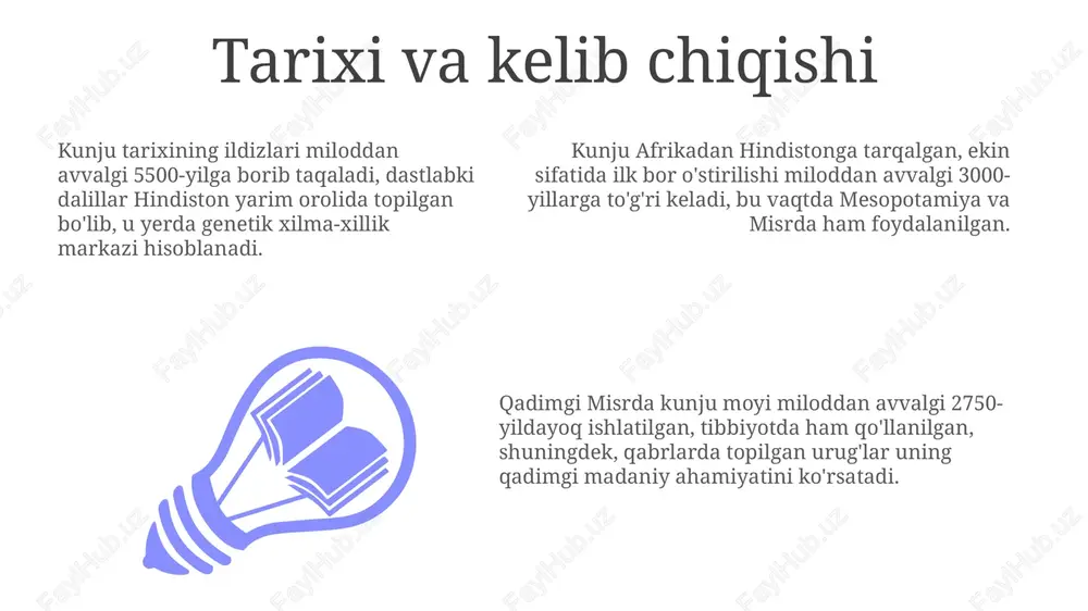 a boshqa shirinliklar tayyorlashda keng qo'llaniladi. o'zbekistonning janubiy mintaqalarida kunjutning mahalliy navlari, masalan, 'surxon-14', qurg'oqchilikka chidamli bo'lib, yillik 250-350 mm yog'ingarchilikda ham yaxshi hosil berishi aniqlangan. kunjut urug'lari nafaqat oziq-ovqat sanoatida, balki farmatsevtika sohasida ham qo'llaniladi, ayniqsa, antioksidant xususiyatlari tufayli teri kasalliklarini davolashda 40% gacha samaradorlik ko'rsatadi. e'tiboringiz uchun rahmat image1.jpeg image2.jpeg image3.jpeg