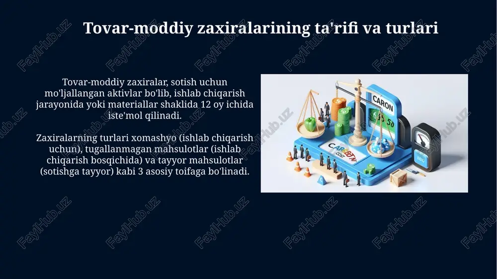 ymati sotilgan tovarlar tannarxini (stt) o'rtacha zaxira miqdoriga bo'lish orqali hisoblanadi, bu formula zaxiralar qanchalik tez sotilishini aniqlaydi. zaxiralarni hisobga olish siyosati zaxiralarni hisobga olish siyosati fifo, lifo yoki o'rtacha narx usullarini tanlashni o'z ichiga oladi, bu esa moliyaviy hisobotlardagi tovarlarning qiymati va foydaga ta'sir qiladi. bozor narxi qoidasidan pastroq (nrv) hisobga olish siyosati zaxiralarning kamayishini talab qiladi, bu esa zaxiralar balans qiymati bozor qiymatidan oshib ketganda zararni tan olishni anglatadi. zaxiralarni inventarizatsiya qilish inventarizatsiya jarayonida zaxiralar soni va holati aniqlanadi, buxgalteriya hisobi ma'lumotlari bilan solishtirilib, nomuvofiqliklar aniqlanadi, kamomad yoki ortiqchaliklar aniqlanadi. inventarizatsiya kamida bir yilda bir marta o'tkazilishi kerak, lekin tez aylanadigan zaxiralar uchun choraklik inventarizatsiya tavsiya etiladi, natijalar inventarizatsiya dalolatnomasida qayd etiladi. zaxiralarning auditi zaxiralarni audit qilishda auditorlar ularning mavjudligini, masalan, kamida 95% ishonch darajasini ta'minlash uchun jismoniy inventarizatsiya sanasida qatnashishi kerak. audit jarayonida auditorlar fifo yoki o'rtacha narx kabi hisob siyosatining ias 2 ga muvofiqligini va izchil …