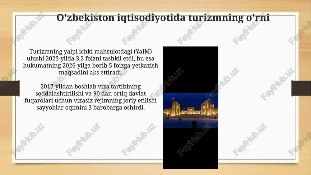 qarorini 40% ga tezlashtiradi. elektron vizalar (e-visa) tizimi va mobil ilovalar orqali turistik xizmatlarni bron qilish 65% ga osonlashdi, bu esa vaqtni tejash va qulaylikni ta'minlaydi. o'zbekistonda turizmni rivojlantirish bo'yicha davlat siyosati 2016-yilda qabul qilingan "oʻzbekiston respublikasida turizmni rivojlantirish boʻyicha chora-tadbirlar toʻgʻrisida"gi prezident farmoni turizm sohasini liberallashtirishga qaratilgan. oʻzbekiston respublikasi prezidentining 2019-yil 5-yanvardagi pf-5611-son farmoni boʻyicha 80 davlat fuqarolari uchun vizasiz rejim joriy etilgan. turizmning barqaror rivojlanishi va uning iqtisodiy oqibatlari turizmning barqaror rivojlanishi 2023-yilda yaimga 3,8% hissa qoʻshdi, bu esa infratuzilmani yaxshilash va yangi ish oʻrinlari yaratish orqali iqtisodiyotni ragʻbatlantirdi. ekologik turizmning rivojlanishi biologik xilma-xillikni saqlashga yordam beradi va 2024-yilda ekotizim xizmatlaridan olinadigan daromadni 15 million dollarga yetkazishga imkon beradi. e'tiboringiz uchun rahmat image7.png image8.jpg image9.jpg image10.jpg image11.jpg image12.jpg image13.jpg image14.jpg image15.jpg image16.jpg image17.jpg image18.jpg image19.jpg image3.png image4.png