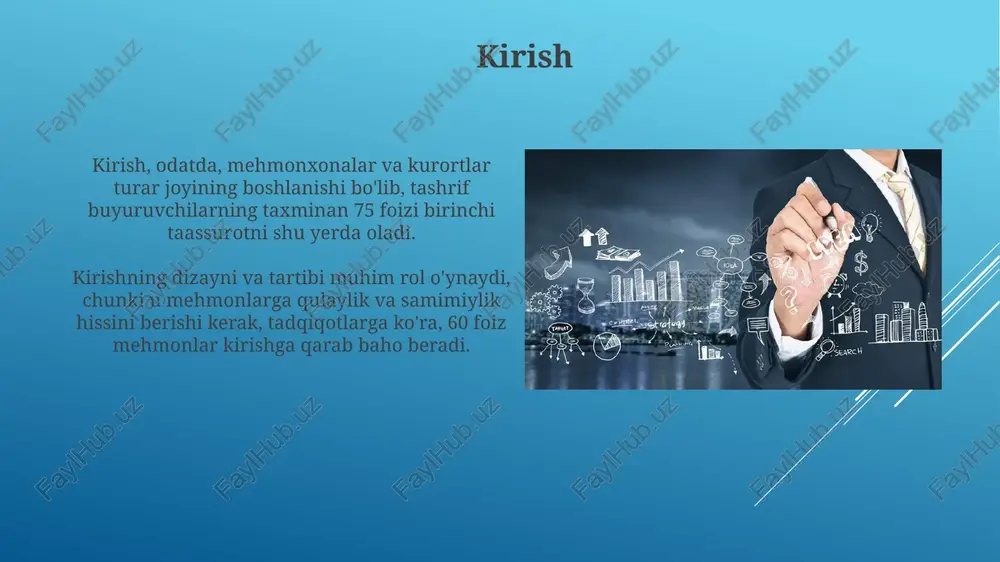 haqida ma'lumot almashish imkoniyatini beradi. narx siyosati va uning ahamiyati narx siyosati umumiy daromadga sezilarli ta'sir ko'rsatadi, chunki u xaridorlar uchun xizmatlar qiymatini belgilaydi va 25-30% foyda marjasini ta'minlashi kerak. raqobatbardosh narxlar strategiyasi turistlarni jalb qilishda hal qiluvchi rol o'ynaydi, ayniqsa, onlayn bron qilish platformalarida narxlar 15%gacha farq qilishi mumkin. reklama va pr kampaniyalari reklama kampaniyalari mijozlarga xizmatlar sifati haqida xabar beradi va 70% odamlar brendga reklama orqali ishonadi, shu sababli uning ahamiyati yuqori. pr kampaniyalari korxonaning obro'sini yaxshilashga qaratilgan, masalan, 85% mijozlar ijobiy imijga ega bo'lgan hotelni tanlaydi. sotishni rag'batlantirish usullari chegirmalar va kuponlar taklif qilish - bu xaridorlarni jalb qilishning klassik usuli, masalan, 20% chegirma yoki har 100 000 so'mlik xaridlarga bepul mahsulot. sodiqlik dasturlari mijozlarni saqlab qolishga yordam beradi; har bir xarid uchun ballar berish va 5000 ball yig'ilganda bepul xizmat taklif qilish misol bo'la oladi. mijozlar bilan munosabatlarni boshqarish (crm) crm tizimlari mijozlar haqidagi 360 darajali …