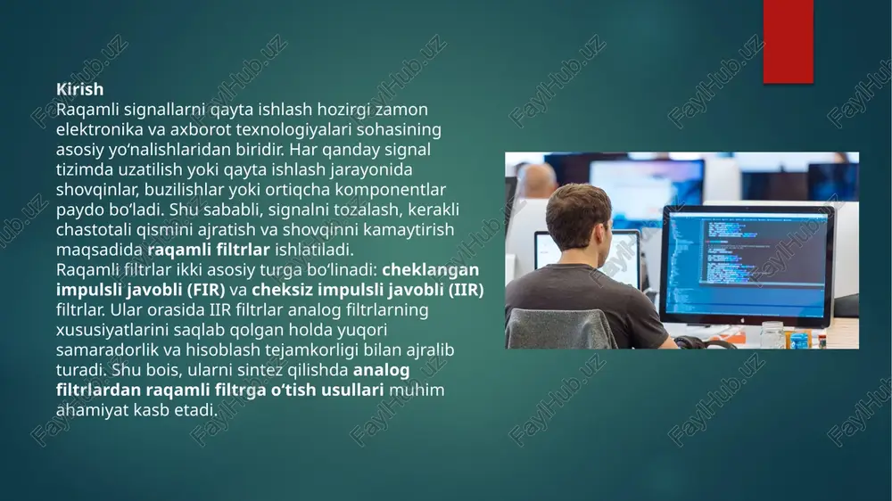bo‘lishi mumkin, bu esa ba’zi signal turlari uchun (masalan, tovush signallari) buzilish keltirib chiqaradi. bunday hollarda fazaviy kompensatsiya yoki filtrni simmetrik joylashtirish usullari qo‘llanadi. barqarorlik tahlili uchun z-sohada tizimning qutblari birlik aylana ichida joylashgan bo‘lishi kerak. bichiziqli almashtirish buni tabiatan ta’minlab beradi. xulosa bichiziqli z-almashtirish usuli raqamli iir filtrlarni sintez qilishning eng ishonchli va barqaror usullaridan biridir. u analog filtrlarning barcha asosiy xususiyatlarini deyarli o‘zgartirmasdan raqamli ko‘rinishda ifodalash imkonini beradi. bu usul chastotaviy buzilishlarni kamaytirish, barqarorlikni saqlash va hisoblash samaradorligini ta’minlaydi. bugungi kunda u ovoz signallarini qayta ishlash, tibbiy biosignallarni filtrlash, raqamli aloqa tizimlari va tasvirni filtrlash sohalarida keng qo‘llanilmoqda. bichiziqli z-almashtirish yordamida ishlab chiqilgan iir filtrlar texnik jihatdan yuqori aniqlik va energiya tejamkorligini ta’minlab, raqamli signallar sifatini oshirishda muhim ahamiyat kasb etadi. e’tiboringiz uchun raxmat image6.jpeg image7.png image8.jpeg image9.png image10.jpeg image11.png image2.png image3.png image4.png image5.png /docprops/thumbnail.jpeg