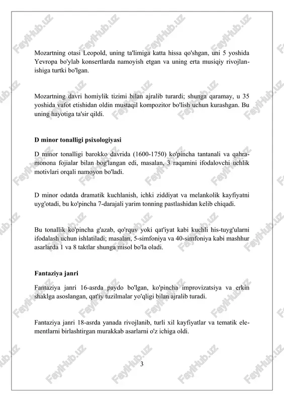 ik figuralar, masalan, sinkopalar va triolelar, asarning dramatik kuchini oshiradi. musiqiy tahlil: ritmdagi o'zgarishlar fantaziyaning boshida ritmik beqarorlik mavjud, unda tezkor, sinkopatsiyalangan figuralar 16-note pasajlari bilan almashinadi, bu esa hayajonli, noaniq his-tuyg'ularni yaratadi. asosiy qismlarda ritmik zichlik ortadi, bunda uchliklar va kvazi-improvizatsion pasajlar 32-note belgilari bilan to'ldiriladi, bu esa kompozitsiyaning dramatik intensivligini oshiradi. so'nggi adagio bo'limida ritm sezilarli darajada sekinlashadi, unda uzunroq, saqlanib qolgan notalar va seyrek kadensiyalar mavjud bo'lib, bu esa muloyimlik va hal qiluvchi yakun tuyg'usini keltirib chiqaradi. musiqiy tahlil: dinamika va ifoda dinamika tahlili pianissimo (pp) dan fortissimo (ff) gacha bo'lgan o'zgarishlarni ko'rib chiqadi, bu esa hissiy intensivlik va dramatizmga ta'sir qiladi. ifoda elementlari, masalan, legato yoki staccato, notalarning artikulyatsiyasini va xarakterini shakllantirib, musiqa qanday hissiyotlarni uyg'otishini belgilaydi. tahlil fortepiano kabi o'tish dinamikalarini o'rganadi, bu esa 18-asr musiqa ifodasining muhim qismi bo'lib, yorqin kontrastlarni yaratadi. asarning interpretatsiyasi ijrochi nuqtai nazaridan, "d minor fantaziyasi"ning tuzilishi erkin, improvizatsion xususiyatga …