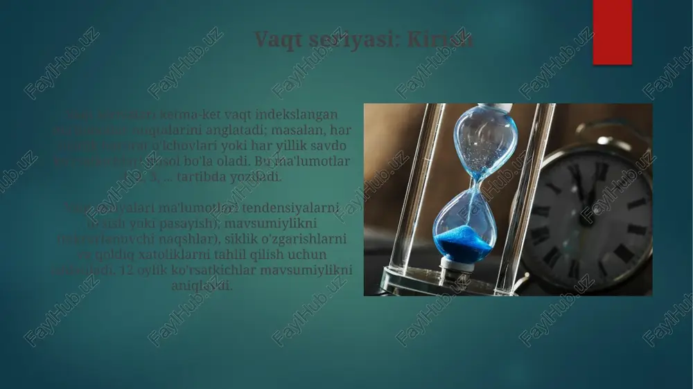 ik koeffitsientlarini ishlatadi. vaqt seriyasi klassifikatsiyasi vaqt qatorlari klassifikatsiyasi diskretlashtirish usullaridan foydalanadi, bu yerda qiymatlar soni cheklangan intervallarga, masalan, 10 ga boʻlinadi, natijada ishlov berish soddalashadi. distansion asoslangan klassifikatsiya vaqt qatorlarining o'xshashligini aniqlash uchun evklid masofasi kabi metrikalardan foydalanadi, bu esa eng yaqin qo'shnilar algoritmi (k-nn) bilan bog'liq. amaliy misollar chakana savdo korxonasi kelajakdagi 12 oy ichida mahsulotlarga bo'lgan talabni prognoz qilish uchun o'tgan 3 yildagi sotuvlar ma'lumotlarini tahlil qilib, inventarizatsiyani optimallashtirishi mumkin. iqtisodchilar o'tgan 20 yil ichidagi choraklik yalpi ichki mahsulot (yim) ma'lumotlariga asoslanib, kelgusi 4 chorak uchun iqtisodiy o'sish sur'atlarini modellashtirish uchun vaqt seriyalaridan foydalanishlari mumkin. xulosa va kelajak yo'nalishlari xulosa shuni ko'rsatadiki, arima(p, d, q) modellari 95% ishonch oralig'ida aniq prognozlar beradi, lekin katta hajmdagi ma'lumotlar uchun lstm usullari samaraliroq bo'lishi mumkin. kelajak yo'nalishlari ko'p o'zgaruvchili vaqt seriyalarini tahlil qilishni, masalan, var modellarini tadqiq qilishni o'z ichiga oladi va bu 80% aniqlik darajasiga olib kelishi mumkin. e'tiboringiz …