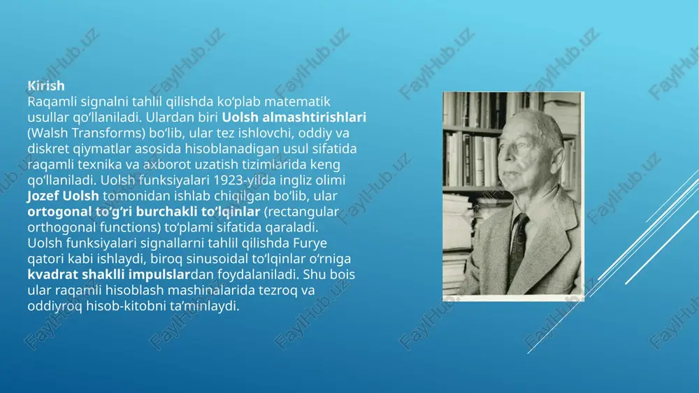 rni tuzatish kodlarida, tasvirlarni qayta ishlashda, shuningdek raqamli filtrlarda muvaffaqiyatli qo‘llaniladi. ushbu usul hadamard matritsalariga asoslanib, tezkor, xatolarga nisbatan barqaror hamda ko‘p maqsadli transformatsiya mexanizmini ta’minlaydi. shu sababli, zamonaviy raqamli signal ishlov berish texnologiyalarida uolsh almashtirishlar o‘z o‘rniga ega bo‘lib qolmoqda. e’tiboringiz uchun raxmat! image1.jpeg image2.jpeg image3.jpeg /docprops/thumbnail.jpeg