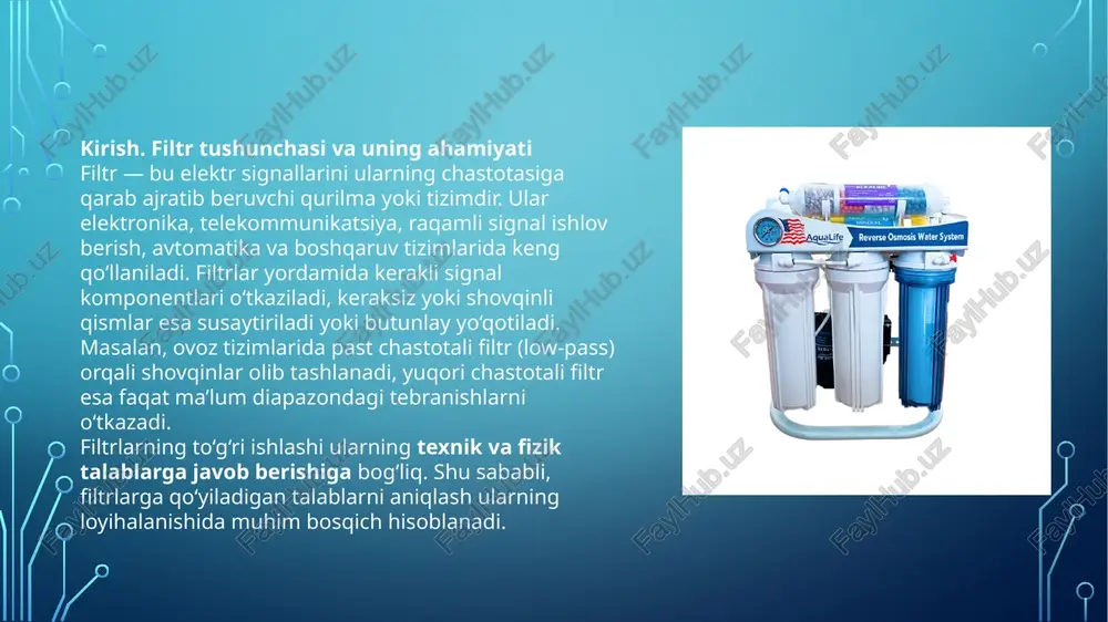 ik talablari filtrning barqarorligi — bu filtr har qanday kirish signali ostida o‘z chiqish signalini cheksiz kattalikka yetkazmaslik xususiyatidir. matematik nuqtai nazardan, barqaror filtr uchun uning uzatish funksiyasining barcha qutblari kompleks sathning chap yarim tekisligida joylashgan bo‘lishi lozim (analog holatda). raqamli filtrlar uchun esa barqarorlik z-sohada bir birlik aylana ichida joylashgan ildizlar bilan aniqlanadi. barqarorlikning buzilishi filtrning o‘z-o‘zidan tebranishga kirishiga yoki chiqishda “portlash” hodisasiga olib kelishi mumkin. xulosa filtrlarga qo‘yiladigan asosiy talablar ularning funksional maqsadi, ishlash muhiti va texnik imkoniyatlariga bog‘liq bo‘ladi. har qanday filtr — u analog bo‘ladimi yoki raqamli — signalni aniqlik bilan ajratish, buzilishsiz o‘tkazish, barqaror va ishonchli ishlash talablariga javob berishi kerak. samarali filtr: o‘zining o‘tkazish polosasi ichida minimal yo‘qotishga ega, to‘suvchi polosada esa maksimal susaytirishni ta’minlaydi, faza va amplituda javoblari chiziqli, energiya jihatidan tejamkor, va texnik jihatdan barqaror bo‘ladi. shunday qilib, filtrlarni loyihalashda qo‘yiladigan asosiy talablarni to‘g‘ri belgilash — ularning sifatli ishlashi va tizimning umumiy …