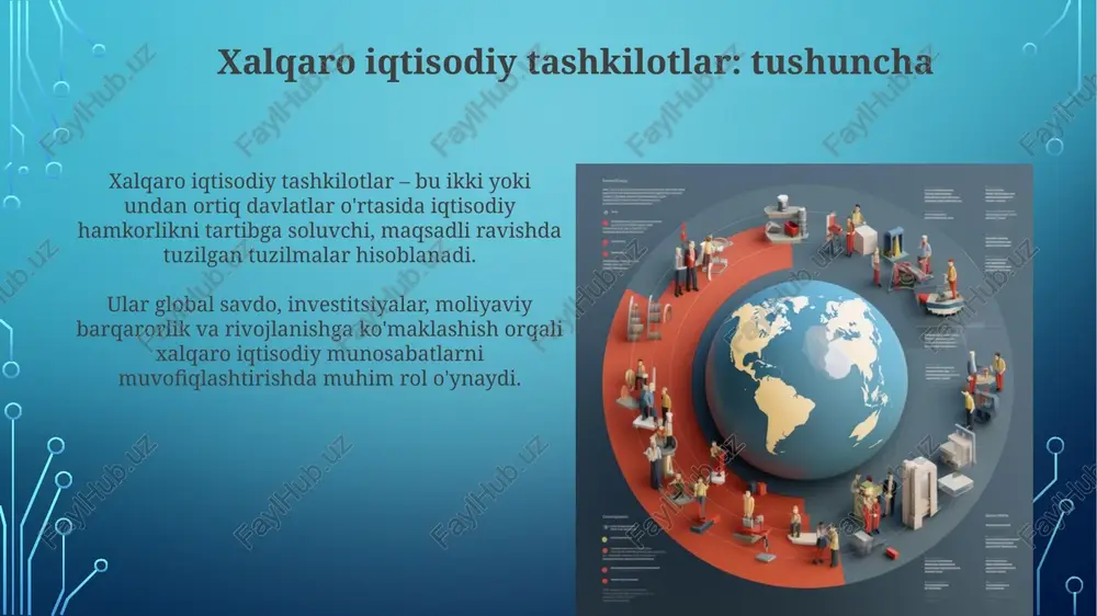 qichda xalqaro iqtisodiy tashkilotlar shakllanishi davrida, 1944-yildagi bretton-vuds konferensiyasi muhim rol o'ynadi, xalqaro valyuta jamg'armasi (xvf) va jahon banki tashkil topdi. ikkinchi bosqich: kengayish va ixtisoslashuv ikkinchi bosqich 1950-1970 yillarni qamrab oladi, bunda xalqaro iqtisodiy tashkilotlar geografik jihatdan kengayib, bmt doirasida 10 dan ortiq yangi muassasalar tashkil etildi. ushbu davrda gatt (hozirgi wto) kabi tashkilotlar savdo liberalizatsiyasida muhim rol o'ynadi, tariflarni kamaytirish bo'yicha 6 raund muzokaralar olib borildi. uchinchi bosqich: global muammolarga javob uchinchi bosqichda (1970-yillardan) xalqaro tashkilotlar ekologik muammolar, qashshoqlik, demografik o'zgarishlar kabi global masalalarga e'tiborni kuchaytirdi va 17 ta maqsadni ilgari surdi. uchinchi bosqichda 1990-yillarda jahon savdo tashkiloti (jst) kabi yangi tashkilotlar paydo bo'ldi, bu esa xalqaro savdo qoidalarini tartibga solish va global hamkorlikni mustahkamlashga yordam berdi. oʻzbekiston va xalqaro iqtisodiy tashkilotlar oʻzbekiston 1992-yilda xalqaro valyuta jamgʻarmasi (xvj) va jahon bankiga aʼzo boʻldi, bu mamlakat iqtisodiy islohotlarini qoʻllab-quvvatlash uchun muhim moliyaviy resurslarni taʼminladi. oʻzbekiston markaziy osiyo mintaqaviy iqtisodiy …