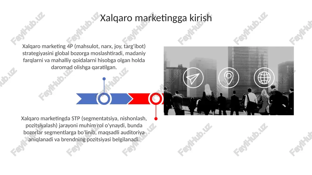 ablarni qondiradi. brendning global izchilligi uning qiymatini oshiradi. misol uchun, mcdonald's logotipi dunyo bo'ylab tanilgan, bu esa marketing xarajatlarini 15-20 foizga kamaytiradi va brendning ishonchliligini oshiradi. raqamli marketing xalqaro miqyosda raqamli marketing xalqaro miqyosda 15% gacha daromadni oshirishi mumkin, chunki lokalizatsiya qilingan kampaniyalar konversiya darajasini sezilarli darajada yaxshilaydi, xususan mobil reklama orqali. xalqaro raqamli marketingda seo strategiyalari 35% gacha farq qilishi mumkin, chunki google va yandex kabi qidiruv tizimlari turli algoritmlarga ega va mahalliy kalit so'zlarni talab qiladi. xalqaro marketingdagi muvaffaqiyat omillari bozor tadqiqotini olib borish muvaffaqiyatli marketingning muhim omilidir, chunki u kompaniyaga xaridorlarning ehtiyojlarini yaxshiroq tushunishga yordam beradi va marketing strategiyasini moslashtiradi. mahalliylashtirish strategiyasi xaridorlarning madaniy va til tafovutlarini hisobga olgan holda mahsulotlar va xizmatlarni moslashtirishni o'z ichiga oladi hamda xalqaro bozorlarda muvaffaqiyat qozonishga yordam beradi. e'tiboringiz uchun rahmat image3.jpg image4.jpg image5.jpg image6.jpg image7.jpg image8.jpg image9.jpg image10.jpg image11.jpg image12.jpg image13.jpg image14.jpg image1.jpeg image2.jpeg