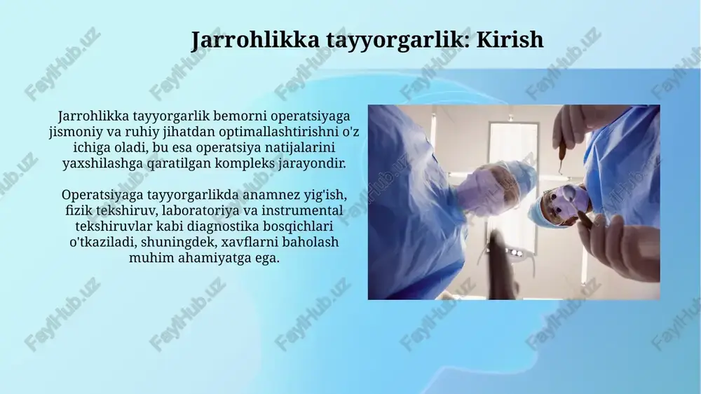 hafta keyinga qoldirilishi kerak. nafas olish kasalliklari va jarrohlik xavfi surunkali obstruktiv o'pka kasalligi (so'pk) kabi nafas olish kasalliklari operatsiyadan keyingi o'pka asoratlarini, jumladan, pnevmoniya riskini 3-5 barobar oshirishi mumkin, ayniqsa yirik jarrohliklarda. astma bilan og'rigan bemorlarda bronxospazm ehtimoli yuqori bo'ladi. operatsiyadan oldin optimal nazoratga erishish uchun bronxodilatatorlar va steroidlar kabi dori-darmonlar zarur. qon ivishining buzilishi va dori vositalariga allergiya qon ivishining buzilishi, masalan, gemofiliya, operatsiyadan oldin koagulyatsiya faktorlari darajasini aniqlashni talab qiladi. agar daraja past bo'lsa, operatsiyadan oldin faktorlarni almashtirish zarur. dori vositalariga allergiyasi bo'lgan bemorlar uchun aniqlangan allergenlardan qochish va operatsiya paytida allergik reaksiyalarni bartaraf etish uchun oldindan dori-darmonlar, masalan, antigistaminlar tayinlanadi. yosh, semirish, homiladorlik va psixologik tayyorgarlik yosh bemorlar anesteziya va operatsiyadan keyingi asoratlarga ko'proq sezgir bo'lishi mumkin, shuning uchun rejalashtirishda fiziologik funktsiyalarni e'tiborga olish zarur. semirgan bemorlarda infektsiya xavfi yuqori, nafas olish muammolari kuchayishi va operatsiyadan keyingi reabilitatsiya uzoqroq davom etishi mumkin, shuning uchun ehtiyot bo'lish …