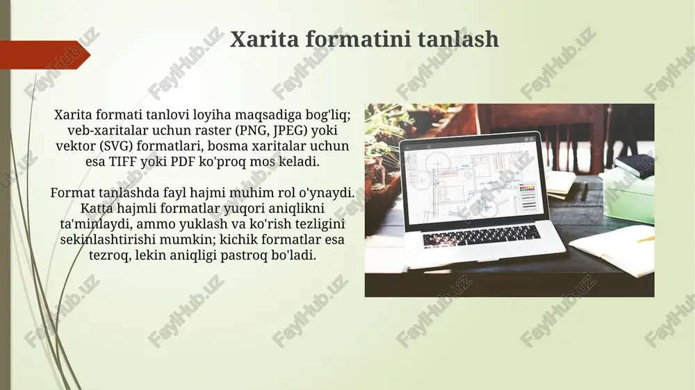tirish, agregatsiya (bir nechta elementni bittaga birlashtirish), tipizatsiya (oʻxshash elementlarni guruhlash) va yoʻq qilish (kam ahamiyatli elementlarni olib tashlash) kabi 4 asosiy operatsiya mavjud. saqlash formati saqlash formati xaritani saqlash uchun ishlatiladigan fayl turidir, masalan, geotiff, shapefile yoki geojson. har bir format o'zining ustunliklari va cheklovlariga ega, masalan, siqish darajasi va qo'llab-quvvatlanadigan ma'lumotlar turlari. raster formatlar, masalan, geotiff, rasmga asoslangan ma'lumotlarni saqlash uchun mos keladi, piksellar sifatida ifodalanadi. vektor formatlar, masalan, shapefile, nuqtalar, chiziqlar va ko'pburchaklar kabi geometrik ob'ektlarni saqlash uchun idealdir. ma'lumotlar almashinuvi ma'lumot almashinuvi turli xil standart formatlar, masalan, geojson, shapefile (.shp), geopackage (.gpkg) orqali amalga oshiriladi, bunda har bir formatning o'z afzalliklari va kamchiliklari mavjud. kartografik ma'lumotlar almashinuvi meta-ma'lumotlar standartlari, masalan, iso 19115, iso 19119 yordamida ta'minlanadi, bu ma'lumotlarning kelib chiqishi va sifatini belgilaydi. foydalanuvchi interfeysi dizayni foydalanuvchi interfeysida 10-darajali aniqlikdagi zoom qilish imkoniyati, qidiruv funksiyasi va ma'lumotlarni filtrlash kabi vositalar xarita bilan oson ishlashni ta'minlashi kerak. …