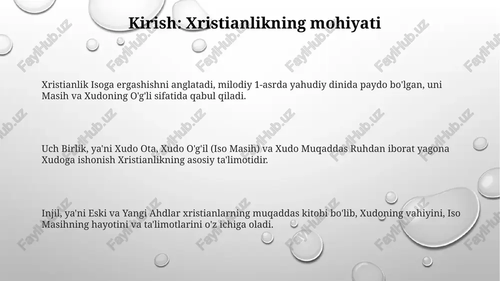 uch birlik ta'limoti bu ta'limotga ko'ra, iso masih to'liq xudo va to'liq insondir, chunki u xudoning o'g'li sifatida xudoning ilohiy mohiyatiga va inson tabiatiga ega. uch birlik ta'limoti xudoning uch shaxsi – ota, o'g'il (iso masih), va muqaddas ruhning yagona mohiyatga ega ekanligini, lekin ular bir-biridan farq qilishini tushuntiradi. uch birlikdagi uch shaxs abadiydir; ularning hech biri boshqasidan ustun emas va har biri to'liq ilohiy kuchga, shuhratga va sifatlarga ega. gunoh va najot gunoh injilda xudoning qonunlariga zid har qanday fikr, so'z yoki xatti-harakat sifatida ta'riflanadi, bu esa xudo bilan aloqani buzadi va oqibatlarga olib keladi. najot - bu iso masihga ishonish orqali gunohdan ozod bo'lish va xudo bilan tiklangan munosabatlarga ega bo'lishdir, bu abadiy hayot va kechirimni o'z ichiga oladi. xristianlikda odamlarning gunohkor tabiati bor, lekin iso masihning qurbonligi orqali najot topish mumkin, bu xudoning insoniyatga bo'lgan cheksiz sevgisining namunasidir. xristianlikdagi marosimlar xristianlikdagi asosiy marosimlardan biri suvga cho'mishdir, bunda …