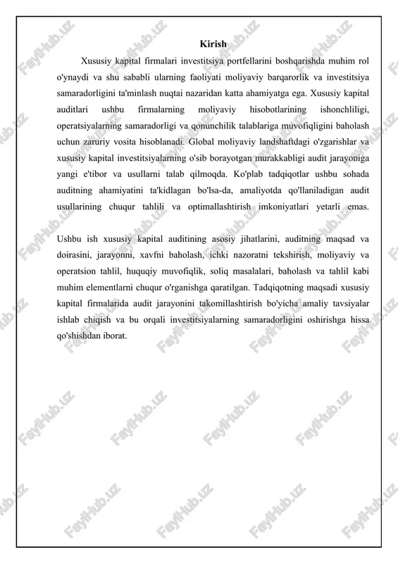 inchi maqsadlaridan biri moliyaviy hisobotlarning ishonchliligini tasdiqlashdir. auditorlar fondning moliyaviy hisobotlari tegishli buxgalteriya standartlariga (masalan, us gaap yoki ifrs) muvofiq tuzilganligini va barcha muhim faktlar to'g'ri aks ettirilganligini tekshiradilar. bu investorlarga fondning moliyaviy ahvoli haqida to'g'ri tasavvurga ega bo'lish imkonini beradi. moliyaviy hisobotlarning ishonchliligi fondning kelajakdagi faoliyatini prognoz qilish uchun ham muhimdir. ikkinchi maqsad esa, fondning ichki nazorat tizimining samaradorligini baholashdir. auditorlar fondning ichki nazorat protseduralarini (masalan, aktivlarni himoya qilish, ma'lumotlarni to'g'ri qayd etish) tekshiradilar va ularning samaradorligini aniqlaydilar. kuchli ichki nazorat tizimi moliyaviy xatolarni kamaytirishga va firibgarlikning oldini olishga yordam beradi. audit natijalari fond rahbariyatiga ichki nazorat tizimini takomillashtirish bo'yicha tavsiyalar berishga imkon beradi. masalan, zaif ichki nazorat tizimi tufayli yuzaga kelgan moliyaviy yo'qotishlar xususiy kapital fondining qiymatini sezilarli darajada kamaytirishi mumkin. audit jarayonidagi asosiy bosqichlar xususiy kapital auditining jarayoni, odatda, bir nechta bosqichlardan iborat. birinchi bosqich - bu auditni rejalashtirishdir. ushbu bosqichda auditorlar fondning faoliyati, ichki nazorat tizimi …