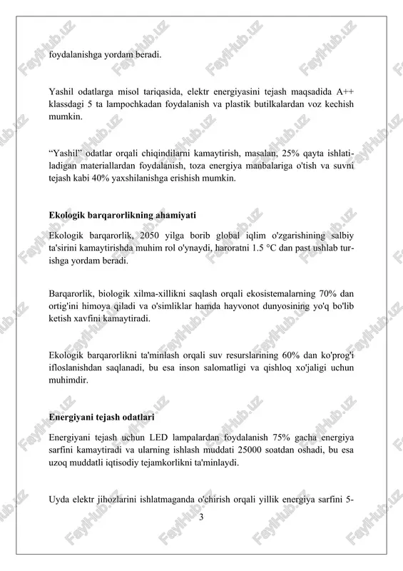 adi. gibrid avtomobillar ichki yonuv dvigateli va elektr motoridan foydalanib, yoqilg'i sarfini 30-50 foizga kamaytiradi hamda atmosferaga kamroq zararli moddalar chiqaradi. biologik yoqilg'ida ishlaydigan transport vositalari qayta tiklanadigan manbalardan foydalanib, qazib olinadigan yoqilg'iga bo'lgan qaramlikni kamaytiradi va karbonat angidrid chiqindilarini sezilarli darajada qisqartiradi. ekologik toza mahsulotlarni tanlash ekologik toza mahsulotlar ko'pincha 'organic' yoki 'bio' kabi sertifikatlarga ega, ular sintetik pestitsidlar va gmolardan foydalanmaslikni kafolatlaydi. mahalliy bozordan ekologik toza meva va sabzavotlarni xarid qilish transport chiqindilarini kamaytiradi, bu esa uglerod izini 20-30 foizga tushirishga yordam beradi. ekologik dehqonchilik tuproq sifatini yaxshilaydi va suv resurslarini tejaydi, natijada 15% gacha kamroq suv sarflanadi, bu esa biologik xilma-xillikni saqlaydi. uyda “yashil” hayot tarzi uyda energiya tejash uchun led lampalaridan foydalanish orqali 75% gacha elektr energiyasini tejash mumkin, bu esa yiliga sezilarli mablag'ni tejaydi. suvni tejash uchun dush vaqtini 5 daqiqaga qisqartirish orqali bir oyda 1000 litrgacha suvni tejash, suv to'lovlarini kamaytirish mumkin. qayta ishlangan …