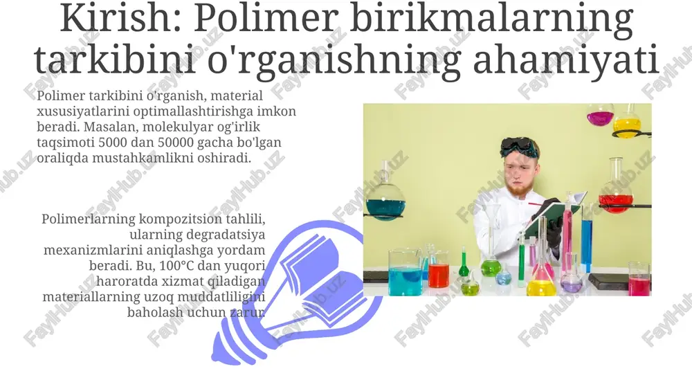 yar og'irligini aniqlash usullari gel o'tkazuvchanligi xromatografiyasi (gpc) polimerlar molekulyar og'irligini aniqlashda keng qo'llaniladi. u har xil o'lchamdagi polimer zanjirlarini ajratib, ularning molekulyar og'irligini standartlar bilan solishtiradi. viskozimetriya, polimer eritmasining viskozligini o'lchash orqali o'rtacha molekulyar og'irlikni aniqlashga imkon beradi. mark-houvink tenglamasi [η] = km^a yordamida viskozlik va molekulyar og'irlik bog'lanadi. poyabzal ustki qismini tag qismga biriktiruvchi yelimlar: umumiy tavsif poyabzal ustki qismini tag qismga biriktiruvchi yelimlar orasida poliuretanli yelimlar keng tarqalgan bo'lib, yuqori elastiklik, suvga chidamlilik va -40 dan +80 °c gacha haroratga bardoshlilikni ta'minlaydi. polikloropren (neopren) yelimlar ham mashhur bo'lib, tez quritish xususiyatiga ega va kuchli yopishishni ta'minlaydi. ularning tarkibida 20-30% erituvchilar bo'lishi mumkin, bu esa ularning qo'llanilish sohasini cheklaydi. yelim turlari va ularning kimyoviy tarkibi poliuretan yelimlar tarkibida poliol va izosiyanat birikmalari mavjud. ularning nisbati yelimning qattiqligi va elastikligini aniqlaydi. masalan, 1:1 nisbat ko'proq qattiq yelimni beradi. epoksi yelimlar epoksid qatronlari va qattiqlashtiruvchilardan iborat. qattiqlashtiruvchilar aminlar yoki anhidridlar …