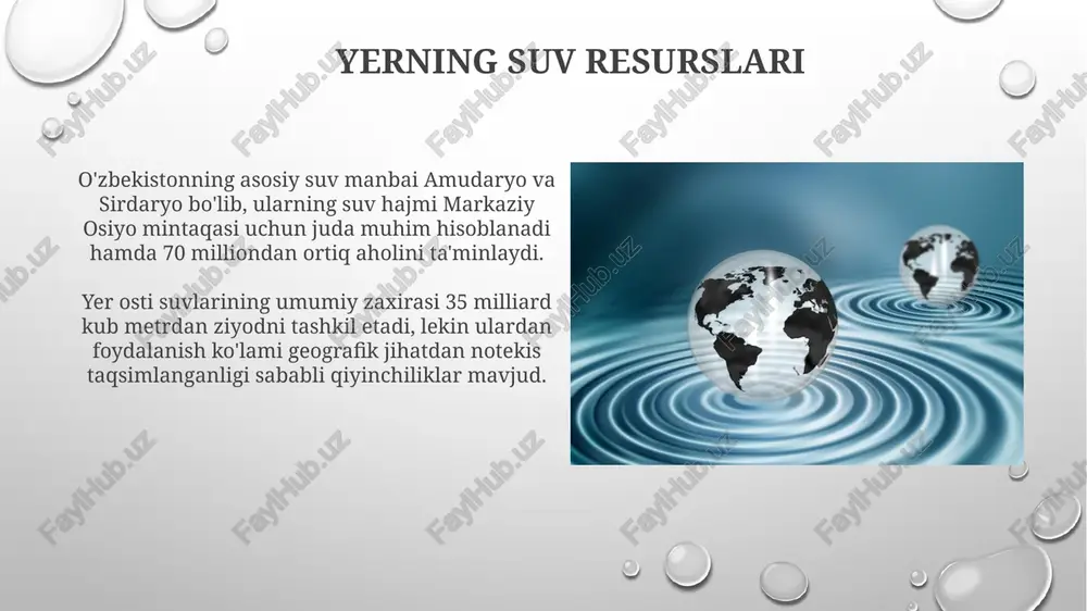 arning turmush tarziga bog‘liq bo‘lib, odatda kuniga 50 litrdan 300 litrgacha suv sarflanadi. suv isrofgarchiligining asosiy manbalari orasida oqib turgan kranlar, hojatxonalarda suv sizishi va noto‘g‘ri kir yuvish mashinalari bor; ularning umumiy suv yo‘qotishdagi hissasi 20% dan 50% gacha bo‘lishi mumkin. suvning ifloslanishi suvning ifloslanishi qishloq xo'jaligi oqindilari (pestitsidlar, o'g'itlar) va sanoat chiqindilari (og'ir metallar, toksik kimyoviy moddalar) bilan sodir bo'ladi, bu ekotizimga 70% ta'sir ko'rsatadi. suv havzalarining ifloslanishi oqibatida ph darajasi o'zgarishi mumkin (normal 6.5-8.5), bu esa suv organizmlarining yashash muhitiga salbiy ta'sir ko'rsatadi va biologik xilma-xillikni kamaytiradi. ifloslanish manbalari yerning 97% ga yaqin suvlari okeanlarda tuzli suv shaklida mavjud bo'lib, bu esa qishloq xo'jaligi va ichimlik kabi ko'plab foydalanish uchun yaroqsiz hisoblanadi. muzliklar va doimiy muzliklar yerning chuchuk suv resurslarining qariyb 69 foizini tashkil etadi, ammo ularning ko'p qismi hozirda iqlim o'zgarishi tufayli xavf ostida. suvni tozalash usullari distillash - bu qaynatish orqali suvni tozalash usuli bo'lib, unda …