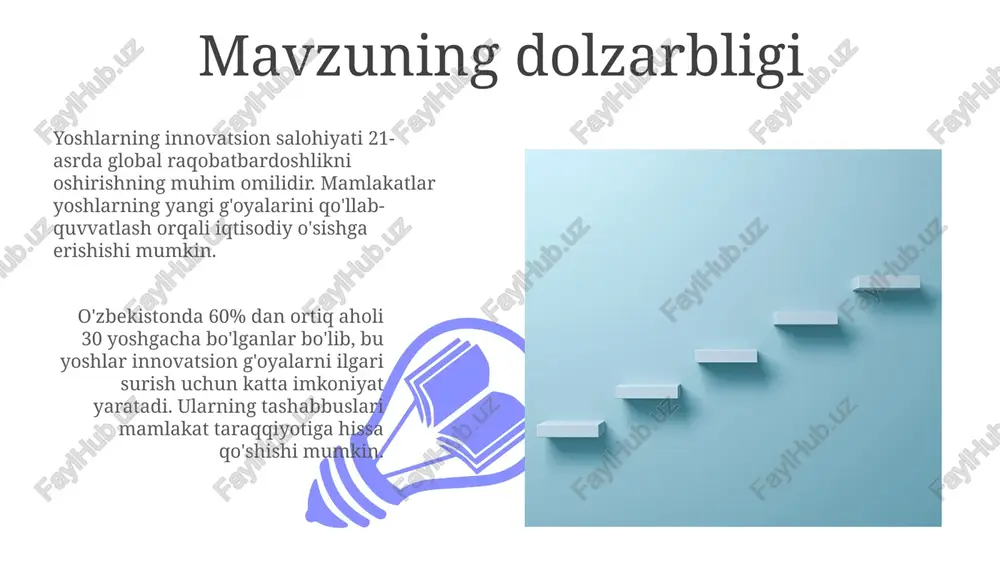 o materiallarni tanlash innovatsion g'oyalarni ko'rsatish uchun 720p yoki 1080p kabi yuqori sifatli videolarni tanlang, bunda yoshlarning energiya va ishtiyoqini aks ettiruvchi dinamik kadrlarga e'tibor qarating. suratlarda yoshlarning innovatsion laboratoriyalarda yoki jamoaviy ish jarayonlarida 3:2 nisbatda, aniqlik va yorqinlikni saqlagan holda, innovatsiyalarga intilishi aks etishi kerak. taqdimot uchun maslahatlar har bir slayd uchun taxminan 6 ta asosiy so'zni saqlang. ushbu uslub tinglovchilaringizning e'tiborini yo'qotmasdan muhim ma'lumotlarga e'tibor qaratishga yordam beradi. taqdimotingizni 20 daqiqa ichida yakunlashga harakat qiling. bu tomoshabinlar diqqatini ushlab turish va asosiy xabarlaringizni samarali etkazishga yordam beradi. xulosa va tavsiyalar 01 02 yoshlarning innovatsion salohiyatidan maksimal darajada foydalanish uchun 3 ta asosiy yo'nalishga e'tibor qaratish lozim: ta'lim, inkubatsiya markazlari va moliyalashtirishni 2024-yilda kuchaytirish. sales 1st qtr 2nd qtr 100 0 sales 1st qtr 2nd qtr 100 0 savol-javoblar sessiyasi savol-javob sessiyasida 3 daqiqadan ortiq bo'lmagan qisqa va aniq javoblar berish, auditoriyaning qiziqishini saqlab qolish uchun muhimdir. savol-javoblar davomida …