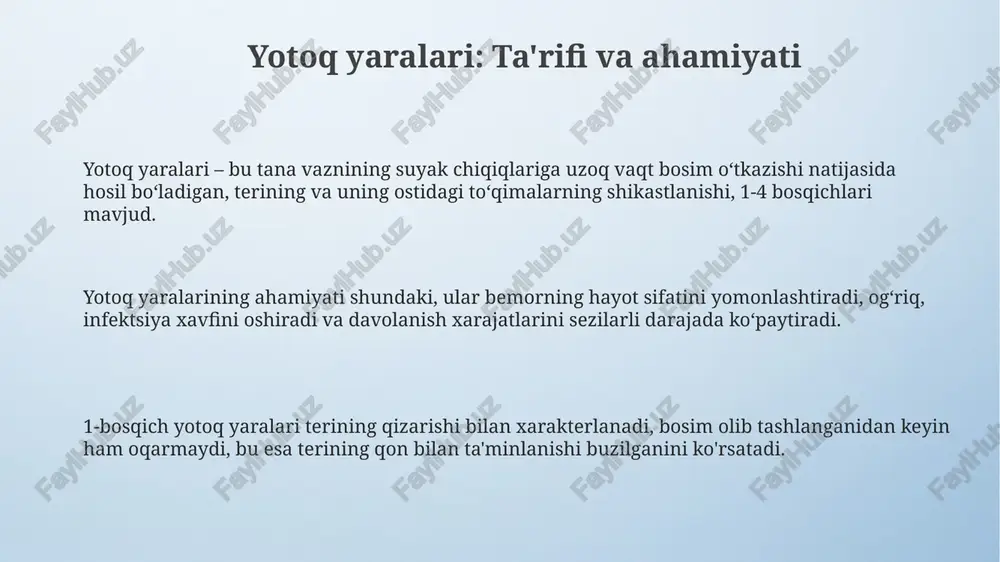anishini yaxshilash va yaralar xavfini kamaytirishda muhim rol o'ynaydi. suv to'ldirilgan to'shak yoki havo bilan to'ldirilgan yostiqlar kabi maxsus moslamalar bemor vaznini teng taqsimlashga yordam beradi, bosimni kamaytiradi va terining shikastlanishiga yo'l qo'ymaydi. kresloda o'tirgan bemorlar uchun har 15-20 daqiqada og'irlikni o'zgartirish juda muhim, bu esa tos suyagi va dumba sohasidagi bosimni kamaytirib, qon aylanishini yaxshilaydi. maxsus to'shaklar va yordamchi vositalar gel va ko'pikli to'shak ustki qoplamalari yotoq yarasining xavfini kamaytirish uchun ishlatiladi, ularning zichligi 3-5 funt/kub fut bo'lishi optimal bosimni ta'minlaydi. bosimni qayta taqsimlovchi maxsus to'shaklar, masalan, havo o'tkazuvchi to'shaklar, bosimni 50% gacha kamaytirib, qon aylanishini yaxshilaydi va yotoq yaralarining oldini oladi. tizzalar orasiga qo'yiladigan yostiqchalar va tirsak himoyachilari kabi yordamchi vositalar teri ostidagi bosimni kamaytirish va 2 soatlik pozitsiyani o'zgartirish bilan birga ishlatiladi. to'g'ri ovqatlanish va gidratatsiya og'ir ahvoldagi bemorlar uchun oqsilga boy ovqatlanish juda muhim, kuniga tana vazniga 1.2-1.5 gramm oqsil tavsiya etiladi, bu yotoq yaralarining bitishini …