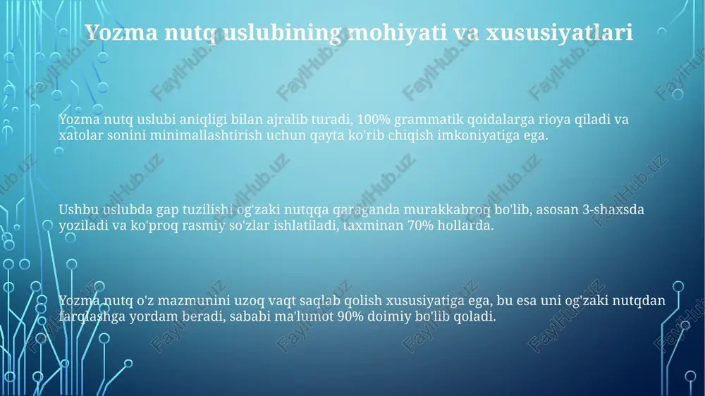 r xabarlar almashinuviga moslashishni talab qildi. globalizatsiya ta'siri ostida o'zbek tiliga 100 dan ortiq yangi so'zlar va iboralar kirib keldi, bu esa yozma matnlarda leksik o'zgarishlarga olib keldi va 25% gacha uslubiy qatlamlarni boyitdi. 1990-yillardan keyin lotin yozuviga o'tilishi bilan yozma matnlarda grammatik tuzilmalar soddalashdi, natijada sintaksisda 30% gacha qisqarish kuzatildi va uslubiy xilma-xillik oshdi. e'tiboringiz uchun rahmat image3.png image1.png image2.png