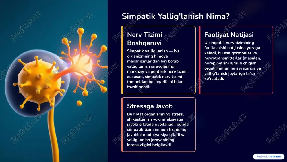 i ta'sirlangan organ yoki a'zonining normal faoliyatini cheklaydi. 6 klinik misollar va kasalliklar surunkali yallig'lanish surunkali yallig'lanish kasalliklarida, masalan, revmatoid artrit yoki surunkali og'riq sindromlarida simpatik nerv tizimining doimiy faollashishi yallig'lanishni kuchaytirishi mumkin. astma va bronxit astma va surunkali bronxitda simpatik nerv tizimi bronxial mushaklar tonusini va balg'am sekretsiyasini modulyatsiya qiladi. simpatik tolalar faollashganda bronxospazm kuchayishi mumkin, bu nafas olishni qiyinlashtiradi. yurak-qon tomir kasalliklari gipertoniya, yurak ishemik kasalligi va ateroskleroz kabi kasalliklarda surunkali yallig'lanish va simpatik nerv tizimining disbalansi kuzatiladi. stress va simpatik giperfaollik yallig'lanishni kuchaytirib, kasallik rivojlanishiga hissa qo'shadi. neyroinflamatsiya miya va markaziy nerv tizimidagi yallig'lanishlar neyrodegenerativ kasalliklar (masalan, altsgeymer va parkinson) rivojlanishida muhim rol o'ynaydi. simpatik nerv tizimi bu jarayonni modulyatsiya qilishi mumkin. stressga bog'liq holatlar surunkali stress simpatik nerv tizimini doimiy ravishda faol ushlab turadi, bu esa immun javobni o'zgartirishi va yallig'lanishni kuchaytirishi mumkin. masalan, surunkali og'riq va depressiyada. 7 simpatik yallig'lanish va emotsiyalar stress va qo'rquv …