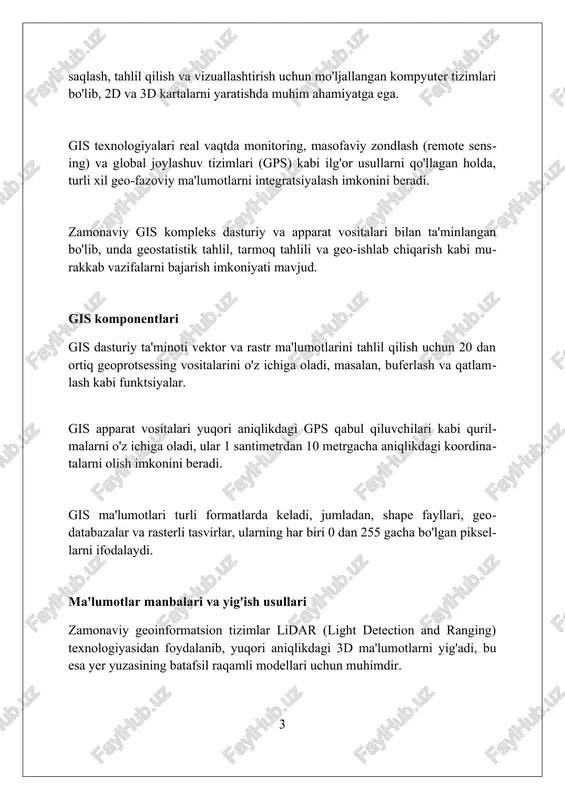 tiq qatlamni ko'rish va tahlil qilish imkonini beradi, bu esa qaror qabul qilishni tezlashtiradi. gis dasturiy ta'minoti zamonaviy gis dasturlari, masalan, arcgis pro va qgis, vektor va rastr ma'lumotlarini qayta ishlash uchun kuchli vositalarni o'z ichiga oladi, tahlil uchun imkoniyatlar 3d vizualizatsiyani ta'minlaydi. bulutga asoslangan gis dasturlari, masalan, arcgis online, foydalanuvchilarga ma'lumotlarni birgalikda tahlil qilish va 24/7 ishlash imkoniyatini beradi, bu esa xarajatlarni 15% ga kamaytiradi. gis dasturiy ta'minotining api-lari (masalan, google maps api) dasturchilarga gis funksiyalarini mobil ilovalarga integratsiya qilish imkonini beradi, natijada 20 dan ortiq turli sohalar rivojlanadi. gisning qo'llanilish sohalari gis qishloq xo'jaligida ekin maydonlarini optimallashtirish, hosildorlikni prognoz qilish va resurslarni boshqarish uchun ishlatiladi, bunda 20% suvni tejash imkonini beradi. gis transport logistikasida marshrutlarni rejalashtirish, yo'l harakatini boshqarish va favqulodda vaziyatlarga tezkor javob berish uchun qo'llaniladi, masalan, 15 daqiqada javob berish. gis atrof-muhitni muhofaza qilishda ifloslanish manbalarini aniqlash, o'rmonlarni monitoring qilish va tabiiy ofatlarni modellashtirish uchun qo'llaniladi, …