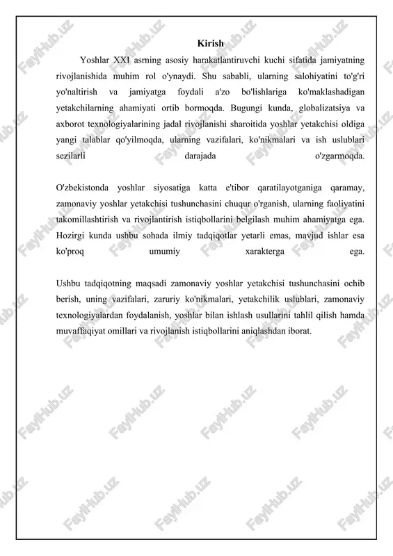 liyatlilik o'z vazifalarini bajarish, va'dalarga sodiq qolish, jamoa oldidagi burchini his qilish. jamoada tartib-intizomni ta'minlaydi, ishonchni mustahkamlaydi, natijadorlikni oshiradi. adaptivlik (moslashuvchanlik) o'zgarishlarga tez moslashish, yangi vaziyatlarga mos keladigan yechimlar topish, o'zini rivojlantirish. jamoani o'zgaruvchan sharoitlarga moslashishga yordam beradi, muvaffaqiyatga erishish imkoniyatini oshiradi. zamonaviy yoshlar yetakchisining jamiyatdagi vazifalari va roli zamonaviy yoshlar yetakchisining jamiyatdagi vazifalari ko'p qirrali. birinchi navbatda, u yosh avlod uchun namuna bo'lishi, ularni o'z bilimi va tajribasi bilan ilhomlantirishi kerak. u yoshlarning muammolarini o'z vaqtida aniqlash va ularni hal qilishda yordam berishi, yoshlarning ovozi bo'lishi va ularning manfaatlarini himoya qilishi lozim. shuningdek, u jamiyatdagi dolzarb masalalarni hal qilishda yoshlarning ishtirokini ta'minlash va ularni ijtimoiy faollikka undashi kerak. masalan, ekologik muammolar bo'yicha yoshlar yetakchisi chiqindilarni qayta ishlash bo'yicha aksiyalarni tashkil etishi, aholining ekologik savodxonligini oshirish bo'yicha seminarlar o'tkazishi va ushbu masalalarga yoshlarning e'tiborini jalb qilishi mumkin. ikkinchidan, zamonaviy yoshlar yetakchisi davlat organlari va nodavlat tashkilotlar bilan hamkorlik qilib, yoshlarning …