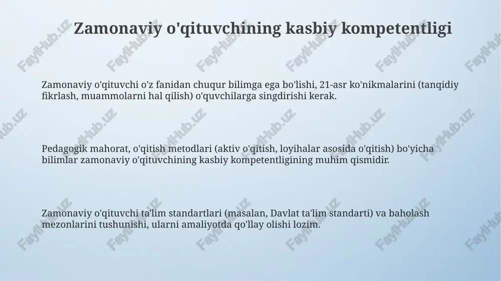 uvchining jamiyatdagi o'rni va mas'uliyati o'qituvchilarning mas'uliyati nafaqat bilim berish, balki o'quvchilarda axloqiy qadriyatlar, vatanparvarlik va 17 ta barqaror rivojlanish maqsadlariga hurmatni shakllantirishdan iborat. o'qituvchilar jamiyat kelajagini shakllantiruvchi asosiy shaxslardir, ular yosh avlodga 21-asr ko'nikmalarini, shu jumladan tanqidiy fikrlashni o'rgatadi. o'qituvchi mahalliy hamjamiyatda faol rol o'ynashi, ota-onalar bilan doimiy muloqotda bo'lib, 2 tomonlama hamkorlik orqali o'quvchilarning muvaffaqiyatiga hissa qo'shishi kerak. kasbiy burnoutning oldini olish choralari burnoutning oldini olish uchun vaqtni boshqarish muhim: kuniga kamida 30 daqiqa dam olish, texnologiyalardan uzilish va sevimli mashg'ulotlar bilan shug'ullanish tavsiya etiladi. hamkasblar bilan 15 daqiqalik suhbatlar, mentorlik dasturlarida ishtirok etish va supervizor bilan muntazam uchrashuvlar orqali kasbiy qo'llab-quvvatlash tizimini rivojlantirish burnoutni kamaytiradi. o'qituvchilar uchun stressni boshqarish treninglari (masalan, mindfulness meditatsiyasi) 10-15 daqiqa davomida har kuni bajarilsa, hissiy charchoq va depersonalizatsiyaning oldini oladi. e'tiboringiz uchun rahmat image4.png image1.jpeg