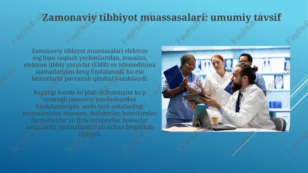 kamaytiradi. xavfsizlik standartlari infeksiyani nazorat qilish, favqulodda vaziyatlarga tayyorgarlik, tibbiy asbob-uskunalarni to'g'ri ishlatishni o'z ichiga oladi va jci akkreditatsiyasiga mos kelishi muhim. axborot texnologiyalari va raqamlashtirish tibbiyotda elektron sog‘liqni saqlash yozuvlari (esyz) bemor ma’lumotlarini 90% aniqlik bilan saqlab, xatolarni kamaytiradi va davolash sifatini yaxshilashga yordam beradi. telemeditsina texnologiyalari 40% ga qishloq aholisining tibbiy xizmatlardan foydalanish imkoniyatini oshiradi, shifoxonaga borishni kamaytiradi va vaqtni tejaydi. moliyalashtirish va iqtisodiy faoliyat zamonaviy tibbiyot muassasalari 30% gacha mablag'larini davlat byudjetidan, qolganini esa sug'urta to'lovlari va pullik xizmatlardan oladi. iqtisodiy faoliyat asosan xarajatlarni kamaytirishga va samaradorlikni oshirishga qaratilgan bo'lib, bu davolash sifatini yaxshilash uchun 25% resurslarni bo'shatadi. kelajak tendentsiyalari va rivojlanish istiqbollari kelajakda sun'iy intellekt yordamida kasalliklarni aniqlash aniqligi 95% gacha oshishi, shifokorlarga tezroq va aniq tashxis qo'yishga imkon beradi. telemeditsina 2030 yilga kelib global miqyosda 500 milliard dollarga yetishi kutilmoqda, bu geografik cheklovlarni olib tashlab, bemorlarga qulaylik yaratadi. e'tiboringiz uchun rahmat image1.png image2.jpg image3.jpg image4.jpg …