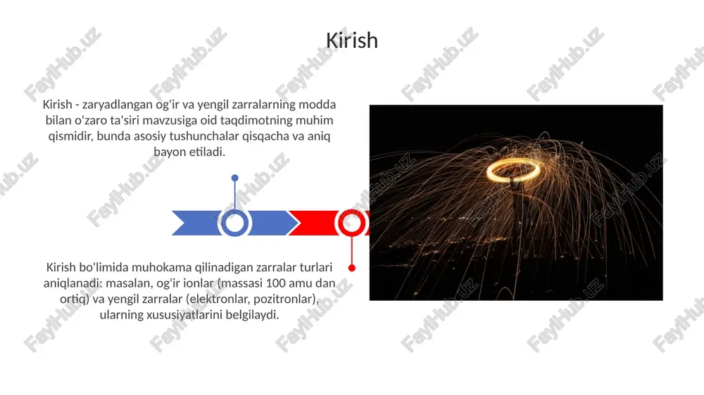ladi, masalan, elektronlar folga orqali o'tganda. bu hodisa, ayniqsa, yengil zarrachalar uchun sezilarli bo'ladi, chunki ularning massasi kam bo'lganligi sababli, har bir to'qnashuvda kattaroq burchak ostida og'ish sodir bo'ladi va ko'p sonli to'qnashuvlar muhim rol o'ynaydi. ko'p tarqalish cherenkov nurlanishi cherenkov nurlanishi zarracha dielektrik muhitda yorug'lik tezligidan (c/n, n - sindirish ko'rsatkichi) yuqori tezlikda harakatlanganda hosil bo'ladi, bu elektromagnet to'lqinlarini chiqaradi. nurlanishning xususiyatlari orasida uning spektrida asosan ultrabinafsha diapazon ustunligi va aniq yo'nalishga ega bo'lgan ko'k rangli nurlanish konusining shakllanishi kiradi. ilovalar ilovalar og'ir zaryadlangan zarralar uchun energiya yo'qotishini hisoblashda muhim, chunki ular bethe formulasi kabi nazariy modellarga tuzatishlar kiritish imkonini beradi, ayniqsa past energiyalarda. yengil zaryadlangan zarralar (masalan, elektronlar) bilan ishlashda, ilovalar radiatsion yo'qotishlar (bremsstrahlung) va ko'p tarqalish effektlarini aniq modellashtirishga yordam beradi, bu esa tajriba natijalarini tushuntirishda muhimdir. xulosa og'ir va yengil zarrachalarning modda bilan o'zaro ta'siri radiatsiya terapiyasi va diagnostikasida muhim rol o'ynaydi, chunki ular turli xil …