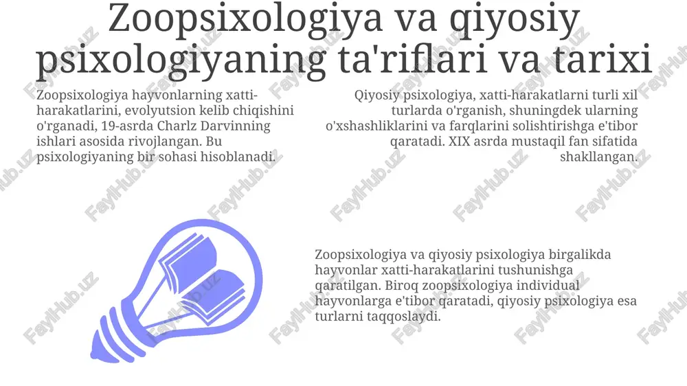 neyroetologiya integratsiyasi kuzatiladi. masalan, 2023-yilda olib borilgan tadqiqotlarda hayvonlarning miyasidagi neyron faolligi va xatti-harakatlari o'rtasidagi bog'liqlik aniqlangan. farqlar shundaki, zoopsixologiya ko'proq hayvonlarning xatti-harakatlariga, qiyosiy psixologiya esa odam va hayvonlarning xatti-harakatlarini solishtirishga e'tibor qaratadi. ushbu farq 1980-yillardan beri aniq sezilib kelinmoqda. asosiy tadqiqotchilardan biri frans de waal bo'lib, u primatlar xatti-harakatlarini o'rganish orqali ijtimoiy adolat, hamdardlik kabi xususiyatlar faqat odamlarga xos emasligini isbotlagan. uning tadqiqotlari 1996-yilda boshlangan. e'tiboringiz uchun rahmat image1.jpeg image2.jpeg image3.jpeg
