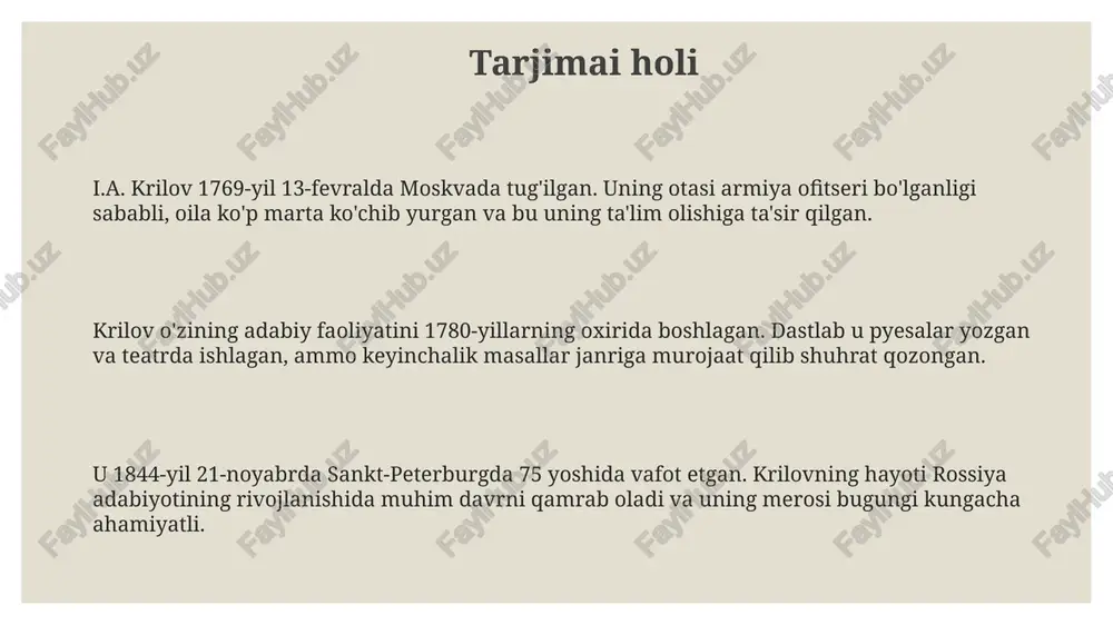 b, ular adabiyot, siyosat va jamiyat masalalarini muhokama qilgan. shaxsiy hayoti ivan andreevich krilov o'zining kamtarligi, soddaligi va kundalik hayotda qulayliklarga befarqligi bilan ajralib turardi, u juda oddiy sharoitlarda yashagan va tashqi ko'rinishiga katta ahamiyat bermagan. krilov umrining ko'p qismini beva o'tkazdi, lekin u 1790-yillarda aktrisa anna konstantinovna bilan uzoq muddatli munosabatda bo'lgan, undan qizi aleksandra tug'ilgan, unga g'amxo'rlik qilgan. uzoq vaqt davomida turmush qurmagan krilov oilasidan uzoq yashadi, lekin uning uyida doimo ko'plab mehmonlar bo'lgan, u mehmondo'stligi va hazilkashligi bilan mashhur bo'lgan, ayniqsa 50 yoshdan keyin. vafoti va xotirasi krylov 1844-yil 21-noyabrda sankt-peterburgda pnevmoniyadan vafot etdi va aleksandr nevskiy lavrasi tixvin qabristoniga dafn qilindi. u 75 yoshda edi. uning xotirasi uchun sankt-peterburgda 1855-yilda haykal o'rnatildi, bu uning xalq orasidagi mashhurligining tasdig'i edi. haykal uning o'tirgan holdagi qiyofasini aks ettiradi. krylovning asarlari maktab o'quv dasturlariga kiritilgan, bu uning adabiy merosi kelajak avlodlar uchun qadrlanishini ta'minlaydi hamda uning 250 dan ortiq …