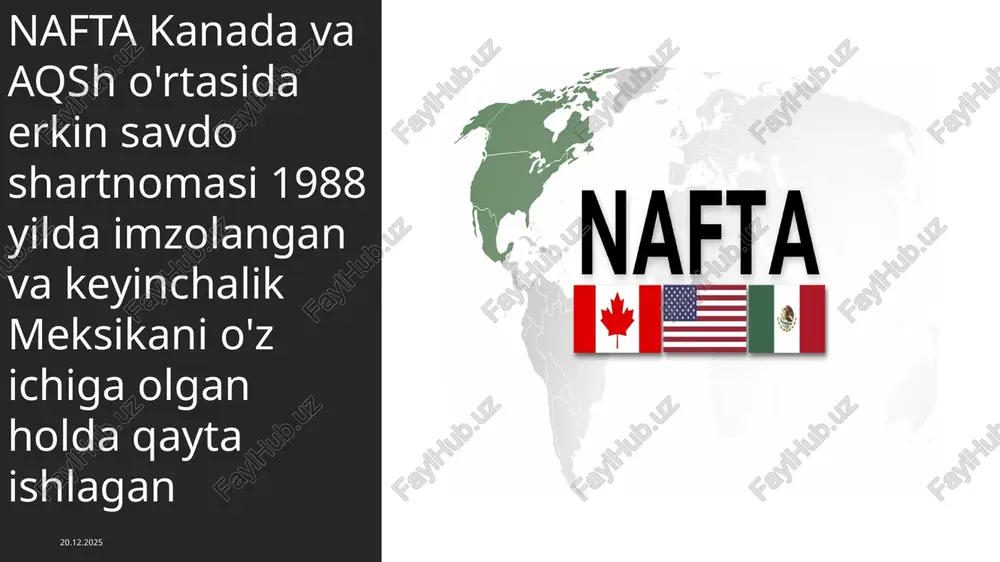 maydi (fermerlar yo’qotishi) - meksika atrof muhiti zararlanyapti - savdo-sotiq mahsulot va tavarlar miqdorini o’stiryapti (yuqori ko’rsatkichda) - meksika yoqilg’isi kamroq import qilinyapti - yaim oshirilyapti (naftaning ulushi 46%) - ko’proq xorijiy investitsiyalar aqsh uchun nafta nima ma’noni bildiradi? - yaimni o’stirish (yillik o’rtacha 5%) - xo’jalik mahsulotlari eksportini qo’llab-quvvatlash (meksikaning yuqori bojxona tariflarini tugatadi) - xizmat ko’rsatishda savdo-sotiq profitsitini yaratadi (moliyaviy xizmatlar va sog’liqni saqlashda) - yoqilg’i va gaz narxini qisqartiradi - to’g’ridan-to’g’ri xorijiy investitsiyalar miqdorini o’stiradi - yevropa ittifoqi bilan raqobatlasha olish imkoniyatini beradi - xitoy va uning savdo-sotiqi bilan raqobatlasha olish imkoniyatini beradi shartnomaning asosiy qoidalari quyidagilarni o’z ichiga oladi: 15.11.2025 aqsh, kanada, meksika o’zaro savdo qiladigan tovarlarga bojxona bojlarini bekor qilish; shimoliy amerika bozorini o’z tovarlarini meksika orqali aqshga qayta eksport qilish yo’li bilan amerika poshlinalaridan xalos bo’lishga urinuvchi osiyo-evropa kompaniyalarining ekspansiyasidan himoya qilish meksikada bank va sug’urta ishida amerika va kanada kompaniyalarining raqobatiga va kapital …