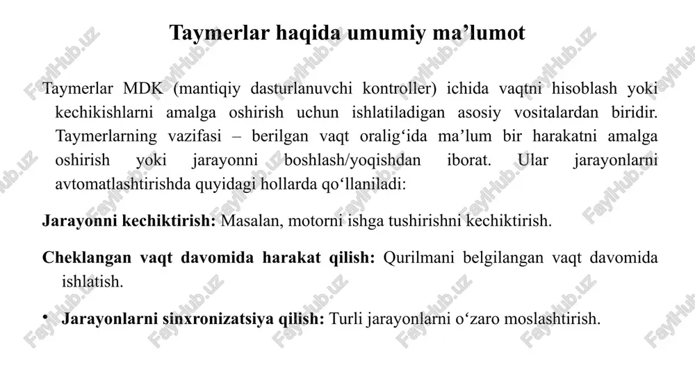 ni “saqlaydi” yoki “yodda tutadi” va kirish signali “0” ga tushganda (masalan kirish signali yoʻqolsa) vaqtni qaytadan boshlamaydi. agar kirish signali “1” holatiga qaytsa, taymer yigʻilgan vaqtni kelib qolgan vaqtidan davom ettiradi. shu tarzda, jarayon davomida qayerda toʻxtalgan boʻlsa, oʻsha yerdan davom etish imkoniyatini taʼminlaydi. bu xususiyat unga “retentive” yoki “saqlab qoluvchi”, “eslab qoluvchi” nomini beradi. tonr taymerining boshqa taymerlardan farqli jihatidan yana biri bu reset (qayta oʻrnatish) kirishining mavjudligidir. reset (r) kirishi orqali taymer hisoblangan vaqtini toʻliq qayta tiklash mumkin boʻladi. agar resetga “1” signal berilsa, taymer barcha saqlangan vaqt ma’lumotlarini oʻchiradi va qayta ishga tushirilganda yangidan hisoblashni boshlaydi. reset kirishi ustuvorlikga ega kirish hisoblanadi. tonr (retentive on-delay timer) – xotiraga ega kechikish taymeri tonr taymerining boshqa taymerlardan farqli jihatidan yana biri bu reset (qayta oʻrnatish) kirishining mavjudligidir. reset (r) kirishi orqali taymer hisoblangan vaqtini toʻliq qayta tiklash mumkin boʻladi. agar resetga “1” signal berilsa, taymer barcha saqlangan vaqt …