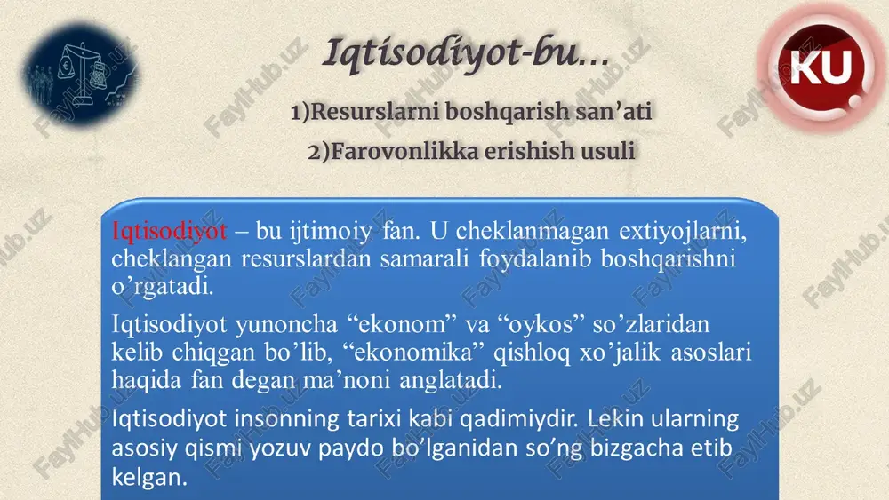 eynard keyns «bandlik, foiz va pulning umumiy nazariyasi» (1936) nomli kitobida bunday tartibga solish yalpi talabga hamda shu orqali inflyatsiya va bandlikka ta’sir ko’rsatishini asoslaydi monetarizm — (m. fridman) iqtisodiyotni boshqarishni pul muomalasini tartibga solish orqali amalga oshirish mumkinligini asoslab beradi institutsionalizm- tarafdorlari (t.veblen, j.gelbreyt) fikriga ko’ra xo’jalik yurituvchilar o’rtasidagi munosabatlar nafaqat iqtisodiy balki noiqtisodiy omillar ta’sirida vujudga keladi. shu sababli iqtisodiyotga muassasaviy o’zgarishlar orqali ham ta’sir ko’rsatish mumkin. xx asrning mashhur iqtisodchisi- jon kennet gelbreyt eng muhim hissalaridan biri "qarama-qarshi kuchlar nazariyasi“ va ("farovon jamiyat") asarida uning g‘oyalari keynsiy iqtisodiyotiga asoslangan bo‘lib, bu nazariya iqtisodiy pasayish davrlarida talabni rag‘batlantirish va to‘liq bandlikka erishish uchun davlat xarajatlarining ahamiyatini ta'kidlaydi. buyuk britaniyaning taniqli siyosatchisi, yozuvchi, va davlat arbobi-uinston cherchil "kelajakni bilish uchun, biz qayerdan kelganimizni bilishimiz kerak" degan so‘zi uning tarixni tushunish va undan saboq olish haqidagi fikrini ifodalaydi. e’tiboringiz uchun rahmat !!! credits: this presentation template was created by slidesgo, …