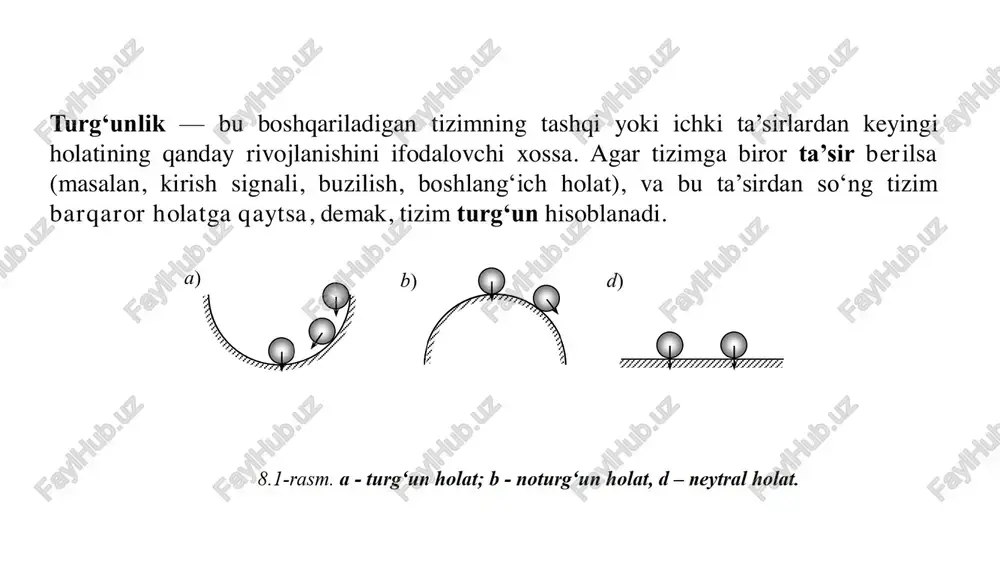 jadan past bo‘lsa, klapan ochiladi, agar baland bo‘lsa, klapan yopiladi. boshqarish sxemasi: setpoint (berilgan qiymat): 150 sm haqiqiy sath (sensor orqali o‘lchangan qiymat): 140 sm xato (e(t)) = setpoint – haqiqiy sath = 150 – 140 = 10 sm p-regulyator chiqishi: u(t)=kp⋅e(t) agar kp=2 deb olsak: u(t)=2×10=20% demak, klapan 20% ochiladi. integral regulyator p-regulyator faqat xato signaliga proporsional javob beradi, lekin u xatoni nolga tenglashtira olmaydi. masalan, agar suv sathi 149 sm bo‘lsa, hali ham biroz xato bo‘lib qoladi va tizim to‘liq ideal holatga yetib bormaydi. boshqarish tizimi optimal boshqarilishi uchun integral (i) regulyator qo‘shiladi, shunda turg‘unlik xatolari yo‘qoladi. integral regulyator (i-regulyator) integral regulyator (i-regulyator) – boshqarish tizimida xatoni vaqt bo‘yicha yig‘ib borib, chiqish signalini shunga mos ravishda oshiradigan regulyator turidir. uning asosiy vazifasi turg‘un xatolarni yo‘qotish va tizimni kerakli holatda ushlab turishdir. matematik ifodasi 𝑈 𝑡 = 𝐾𝑖∫ 𝑒 𝑡 𝑑𝑡 bu yerda: u(t) – regulyator chiqishi (boshqarish signali), …