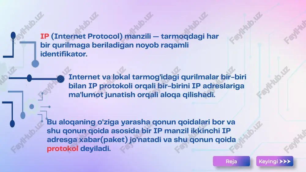 agar manzil 110 ketma-ketlik bilan boshlanadigan bo'lsa, u holda bu 28 ta tugundan ko'p bo'lmagan s sinf tarmog'i.tarmoq manzili uchun 24 bit, tugun manzili uchun 8 bit ajratilgan. ⮜⮜⮜ oldingi keyingi ⮞⮞⮞ agar manzil 1110 ketma-ketligidan boshlangan bo'lsa, u d sinf manzili bo'lib, maxsus, ko'p tarmoqli manzilni bildiradi. ⮜⮜⮜ oldingi keyingi ⮞⮞⮞ agar manzil 11110 ketma-ketligidan boshlangan bo'lsa, u e sinfidagi manzil bo'lib, kelajakda foydalanish uchun ajratilgan. ⮜⮜⮜ oldingi keyingi ⮞⮞⮞ ip manzillar sinflari sinf birinchi oktet tavsif a 1–126 katta tarmoqlar uchun b 128–191 o‘rta tarmoqlar uchun c 192–223 kichik tarmoqlar uchun d 224–239 multicast e 240–255 tajriba uchun ⮜⮜⮜ oldingi keyingi ⮞⮞⮞ 1.static 2.dinamic ip manzil kiritilishini turlari: reja keyingi ⮞⮞⮞ ⮜⮜⮜ oldingi static ip manzillar foydalanuvchiga o'zgarmas ip manzil beradi. masalan sayt yoki biron bir server va hakozolarning egasi bo'lsangiz. ⮜⮜⮜ oldingi keyingi ⮞⮞⮞ dinamic ip manzillar esa o'zgaruvchan ip manzillar degani. bu degani ip manzillarni boshqa …