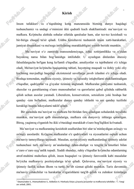 ishi mumkin, bu esa ta'limot va amaliyotni turlicha tushunishga olib keladi. bu dinamika, ayniqsa, din va siyosat bir-biri bilan chambarchas bog'langan hududlarda yaqqol namoyon bo'ladi, buning natijasida e'tiqod va kuchning murakkab to'rlari paydo bo'ladi. biroq ma’naviyat va mafkuraning kesishishi har doim ham uyg‘un bo‘lavermaydi. turli xil e'tiqod tizimlari to'qnashganda nizolar paydo bo'lishi mumkin, bu esa jamiyat ichidagi keskinliklarga va hatto zo'ravonlikka olib keladi. tarix salib yurishlaridan tortib to sovuq urushgacha bo‘lgan diniy va mafkuraviy to‘qnashuvlar misollari bilan to‘lib-toshgan, bu yerda dunyo qarashlari bir-biriga adovat va qon to‘kilishini kuchaytirgan. bunday qiyinchiliklarga qaramay, ma’naviyat va mafkuraning kesishishi muloqot, murosa va o‘zaro tushunish imkoniyatlarini ham beradi. ma’naviy va mafkuraviy izlanishlar asosidagi umumiy insoniy ma’no va maqsadga intilishni tan olgan holda, shaxslar va jamiyatlar tafovutlarni bartaraf etishlari va umumiy maqsadlar sari harakat qilishlari mumkin. pirovardida, ma’naviyat va mafkura o‘rtasidagi bog‘liqlik ko‘p qirrali bo‘lib, insoniyat tajribasining murakkabligini o‘zida aks ettiradi. ular hayotning turli sohalarida namoyon …