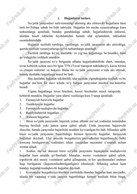 a bu hujjatlar ma’lum bir davr ichida ro‘y bergan jarayonlar hisobot ma’lumotlar beradi. yigma hujjatlarga tovar hisoboti, kassir hisobotini misol tariqasida keltirish mumkin. hujjatlar yana ularni vazifasiga kura 5 turga ajratiladi. 1. farmoyish beruvchi hujjatlar. 2. tasdiklovchi hujjatlar. 3. farmoyish-tasdiqlovchi hujjatlar. 4. ramiylashtirish hujjatlari. 5. axborot hujjatlari. 1. biror xo‘jalik jarayonini bajarish uchun albatta ma’sul xodimlar tomonidan buyruq beriladi yoki jamoa qaror qabul qiladi. unda jarayonni bajaruvchi shaxslar, hamda jarayonlar bajarilishi muddati ko‘rsatilgan bo‘ladi. shunday qilib biror xo‘jalik jarayonini bajarilishiga farmon beruvchi hujjatlar, farmoyish hujjatlari deyiladi. ular asosida buxgalteriya provodkalari bajarilmaydi, balki korxona boshqaruvini xodimlari ishlar yuzasidan nazoratni o‘rnatish uchun xizmat qiladi. 2. xodim, ma’sul shaxsni biror xo‘jalik jarayonini bajarganini tasdiqlovchi hujjatlar ham amalda qo‘llaniladi. masalan, asosiy vositalarni qabul qilish, topshirish akti asosiy vositalarni qabul qilinganini, to‘lov qaydnomalari mehnat haqi berilganini (deponentlashtirilganligini) isbotlaydi. shuning uchun ham bunday hujjatlar tasdiqlovchi hujjatlar deyiladi. 3. korxonalar buxgalteriya hisobini yuritishda shunday hujjatlar ham mavjudki, …