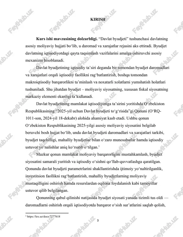 minning nomidir. byudjet tegishli qaror bilan tasdiqlanib, individual yoki jamoa sub'ekti tomonidan ijro qilinadi. kurs ishi mavzusining o'rganilganlik darajasi. davlat byudjeti va uning iqtisodiy ta’siri masalasini a.vahobov, sh.x. xodiev, q. abdurahmonov, b. xojiyev, s. umrzoqov, m. ortiqov, a. jo‘rayev kabi olimlar o’rgangan. ularning tadqiqotlarida byudjet siyosatining mohiyati, davlat moliyasining ijtimoiy-iqtisodiy ahamiyati hamda fiskal barqarorlik masalalari chuqur tahlil qilingan. kurs ishi mavzusining maqsadi. o‘zbekiston respublikasida davlat byudjetining mohiyatini, tuzilmasini, uning iqtisodiy jarayonlarga ko‘rsatadigan ta’sirini tahlil qilish, byudjet siyosatini takomillashtirishning zamonaviy yo‘nalishlarini aniqlash hamda davlat moliyasining iqtisodiy o‘sishni rag‘batlantirishdagi o‘rnini ilmiy jihatdan asoslash. kurs ishi mavzusining vazifalari: - davlat byudjetining nazariy asoslari, uning iqtisodiy mohiyati va funksiyalarini o‘rganish. - davlat byudjeti daromadlari va xarajatlarining tuzilmasini tahlil qilish, ularning mamlakat iqtisodiyotiga ta’sirini aniqlash. 5 - o‘zbekiston respublikasida byudjet siyosatini shakllantirish va amalga oshirishning amaldagi mexanizmlarini o‘rganish. - davlat byudjetining iqtisodiy barqarorlikni ta’minlashdagi o‘rni va fiskal siyosatning o‘ziga xos xususiyatlarini tahlil qilish - byudjet …