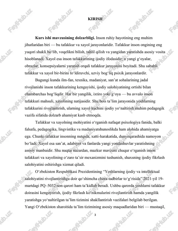 rivojlanish qonuniyatlari yuzasidan tadqiqotlar olib borilmoqda. kurs ishi mavzusining maqsadi. tafakkur va xayolning psixologik hamda fiziologik mohiyatini, ularning inson ongidagi o‘rni va o‘zaro bog‘liqligini ilmiy jihatdan tahlil qilish. kurs ishi mavzusining vazifalari: - tafakkur tushunchasining mazmunini hamda uning inson ongidagi o‘rnini yoritish. - tafakkurning asosiy turlari, shakllari va sifatlarini o‘rganish. - xayol tushunchasining mohiyatini ochib berish. - xayolning psixologik-fiziologik xususiyatlarini tahlil qilish. - xayol shakllarini hamda ularning tafakkur bilan bog‘liqligini o‘rganish. - tafakkur va xayolning o‘zaro aloqadorlik jarayonini tahlil qilib, shaxsning ijodiy fikrlashidagi ahamiyatini aniqlash. kurs ishi mavzusining predmeti. tafakkur va xayolning psixologik-fiziologik xususiyatlari, ularning o‘zaro bog‘liqligi va inson ongidagi roli. kurs ishi mavzusining obyekti. insonning tafakkur va xayol jarayonlari. 5 kurs ishi mavzusining ilmiy-amaliy ahamiyati. tafakkur va xayol jarayonlarining nazariy asoslari tahlil qilinadi, ularning inson ruhiy faoliyatidagi o‘rni va o‘zaro ta’siri ilmiy jihatdan asoslanadi. kurs ishining tuzilishi. ushbu kurs ishi kirish, 2 bob, 7 fasl, xulosa va foydalanilgan adabiyotlar …