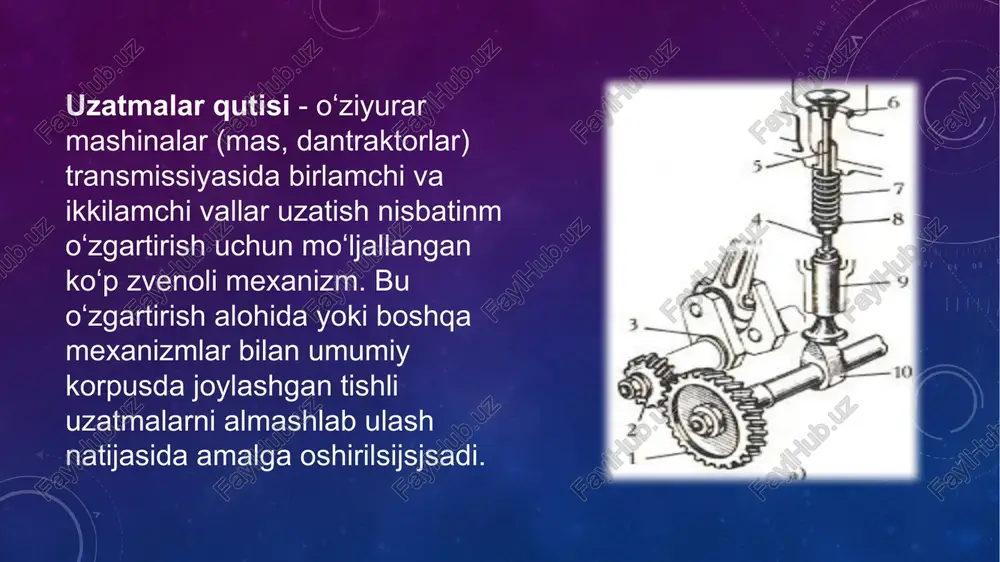 h kuchi: 2.2 ~ 5366kw 4. vintli spiral uzatmalar qutisi o'rnatish eritmasi: oyoqqa o'rnatiladi, valga o'rnatiladi, diskka qisib o'rnatiladi. 5. o'ng burchakli uzatmalar qutisi og'ir uzatmalar qutisi kirish: milga, iec gardishli; 6. vintli spiral uzatmalar qutisi chiqish: bo'shliqli val, burama diskli, ichi bo'sh mil; 7. og'ir elektr motorli redüktör qutisini uzatuvchi qutisi vites qutisi: a, b, c, d xulosa xulosa shundan iboratki zamonaviy avtomobillarda uzatmalar shovqinsiz, ya’ni zarbsiz ulash, boshqarishni osonlashtirish, ishonchli ishlash muddatini oshirish maqsadida uzatmalar qutisining turli konstruksiyalari yaratilmoqda. haydovchining qo‘l kuchi bilan harakatga keltiradigan mexanik qurilmali uzatmalar qutisi keng tarqalgan. ba’zi avtomobillarda o‘tag‘onligi yuqori bo‘lishi uchun taqsimlash qutisi qo‘llaniladi. uzatmalar qutisini zarbsiz qo‘shish imkonini sinxronizator deb ataluvchi mexanizm bajaradi. foydalanilgan adabiyotlar 1. internet tarmoqlari 2. vikipendiyalar 3. ziyo.net 4. https://uz.sogears.com/aylanma-tishli/44-spiral-uzatmalar-qutisi 5. https://srcyrl.angmotor.com/transmission-parts/hanging-helical-gearbox.html e’tiboringiz uchun raxmat image3.png image4.jpeg image5.jpeg image6.jpeg image7.jpeg image8.jpeg image9.jpeg /docprops/thumbnail.jpeg