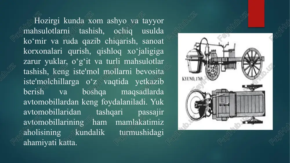 qo‘shilmasidan tarkib topgan bo‘lib, dvigatel validan kelayotgan burovchi momentni o‘zgartirgan holda yetakchi g‘ildiraklarga uzatib beradi. zamonaviy avtomobil juda murakkab mashina bo‘lib, u bir-biriga bog‘liq holda ma'lum bir vaznfani bajaruvchi bir necha mexanizm qurilma va qismlardan tashkil topgan. ko‘pchilik avtomobillarning umumiy tuzilish sxemasi, ularning mexanizm va sistsmalarining ishlash uslubi va ish sharoiti bir biriga o‘xshash. shu sababli avtomobilning umumiy tuzilishini o‘rganish uchun ba'zi soddalashtirishlar kiritamiz. umuman olganda, avtomobil detallar, birikmalar, mexanizmlar, qurilmalar va tarmoqlar yig‘indisidan iborat. detal – mexanizm va mashinalarning yig‘ish ishlarisiz tayyorlangan ayrim-ayrim qismlari (masalan, porshen barmog‘i, shesternya va xokazo). uz’el – bir necha detallarning mashinada yoki mexanizmda ma'lum mustaqil vazifani bajaruvchi birikmasi. mexanizm – harakatni ma'lum tartibda uzatuvchi va o‘zgartiruvchi tuzilma. agregat – bir necha tuzilmalarni bir butun qilib birlashtirgan holda ishlovchi qurilma (masalan, avtomobil dvigateli, uzatmalar qutisi, taqsimlash qutisi va yetaklovchi ko‘prik). tarmoq (sistsma) - bitta umumiy vazifani bajaradigan qismlar yig‘indisi (masalan, ta'minlash tarmog‘i, moylash tarmog‘i yoki …