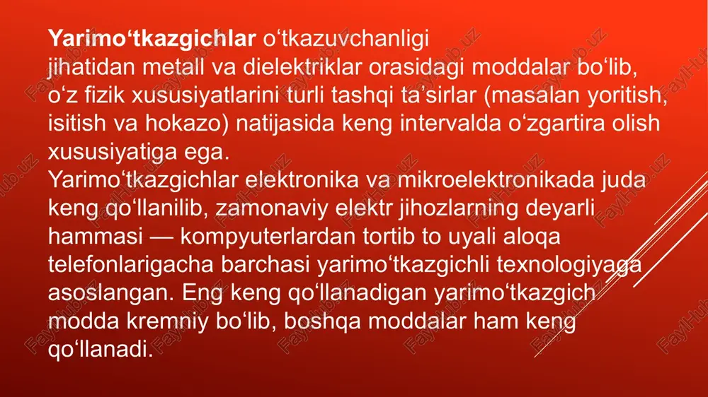, fotorezistor, fotodiod, fototranzistor, fototiristor, yarimoʻtkazgichli lazer, yorugʻlik tarqatuvchi diod va boshqalar); issiqlik energiyasini elektr energiyasiga va, aksincha, aylantiruvchi termoelektr asboblar (termoelement, termoelektr generator, quyosh batareyasi, termistor va boshqalar); magnitoelektr asboblar; pyezoelektr va tenzometrik asboblar (asosiy sinf) va hokazo integral sxemalar (elektr oʻzgartiruvchi va optoelektronli boʻlishi mumkin) ayrim sinfga kiradi. yarimoʻtkazgichli asboblar yarimoʻtkazgich materialga qarab, germaniyli, kremniyli va hokazo boʻlishi mumkin. tuzilishi va texnologik alomatiga koʻra, yarimoʻtkazgichli asboblar nuqtali va yassi xillarga, ishlatilish sohasiga qarab, yuqori chastotali, yuqori voltli, impulsli va boshqalarga ajraladi. har bir jamiyatning kelajagi uning ajralmas qismi va hayotiy zarurati bo`lgan ta`lim tizimining qay darajada rivojlanganligi bilan bog`liq. o`zbekiston respublikasi demokratik huquqiy va fuqorolik jamiyatining qurish yo‗lidan borayotgan bir paytda ta‗lim sohasida amalga oshirilayotgan islohotlarning bosh maqsadi va harakatga keltiruvchi har tomonlama rivojlangan barkamol insonni tarbiyalashdan iborat. hozirgi kunda ta‗limni rivojlantirish yo‗lida qo‗yilayotgan davlat talabi o‗quvchi shaxsi uning intilishlari qobiliyati va qiziqishlarini e`tiborga olib fan texnika va …