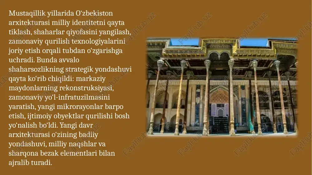 arkaz o‘zbekiston turistik brendining yangi yuziga aylandi. namangan, andijon, farg‘ona, urganch, termiz shaharlari mustaqillik yillarida jadal rivojlandi. yangi ko‘priklar, universitetlar, stadionlar, madaniyat saroylari, tibbiyot markazlari barpo etildi. hududlar arxitekturasida milliy naqshlar, ranglar, tarixiylik unsurlari muhim o‘rin tutadi. bu esa urbanistik taraqqiyotning butun mamlakat bo‘ylab bir xil emas, balki hududlarga xos yo‘nalishda shakllanishini ta’minladi. mustaqillik davrida o‘zbekistonda aholi uchun qulay sharoitlar yaratishga qaratilgan uy-joy siyosati amalga oshirildi. yangi turar-joy massivlari, zamonaviy uylar, mahalla markazlari, ijtimoiy xizmat maskanlari qurildi. bunda ekologiya, qulaylik, transport va ijtimoiy infratuzilmaga yaqinlik kabi mezonlar e’tiborga olindi. “yangi o‘zbekiston massivi” buning yorqin misolidir. ko‘priklar, yo‘l o‘tkazgichlar, aeroportlar, temir yo‘l vokzallari mustaqillik yillarida tubdan yangilandi. toshkent, samarqand, farg‘ona aeroportlarining yangi terminali, angren-pop temir yo‘l yo‘lagi, qamchiq tunneli mamlakat infratuzilmasini butunlay yangi bosqichga olib chiqdi. transport arxitekturasi dizayni zamonaviy texnologiyalar bilan uyg‘unlashdi. yangi maktablar, kutubxonalar, teatrlari, poliklinikalar, sport komplekslari va madaniyat markazlari mustaqillik arxitekturasining eng keng ko‘lamli yo‘nalishlaridan biridir. bu …