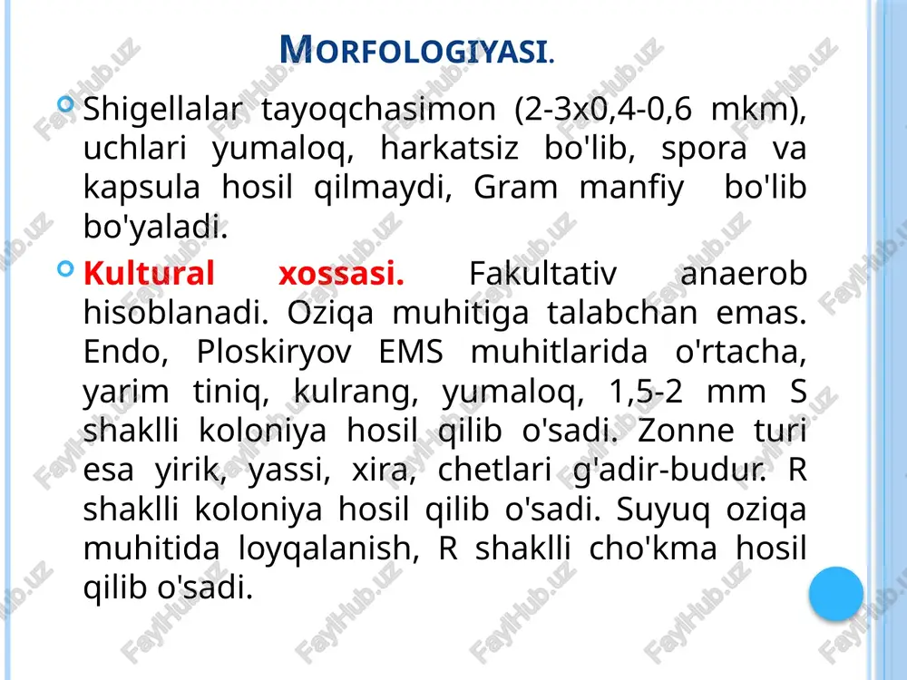 immuniteti odamda dizenteriya infeksiyasiga qarshi tabiiy himoya vositasi mavjud. kasallikdan so'ng kuchsiz immunitet yuzaga keladi. zonne shigellasi keltirib chiqargan kasallikdan so'ng esa umurnan immunitet hosil boimaydi. birinchi guruhga kiruvchi dizenteriya shigellalari (grigoryev-shig) keltirib chiqargan kasalliklardan so'ng ancha mustahkam antitoksik immunitet hosil bo'ladi. laboratoriya tashxisi bu kasallikning tashxisini aniqlashda, asosan, bakteriologik va serologik usullardan foydalaniladi. bakteriologik tekshirish uchun bemor najasini mumkin qadar tezroq ploskirev, endo muhitlariga ekiladi, chunki dizenteriya bakteriyasi najasda 2 soat yashaydi. najas endo muhitiga ekilganda shigellalar rangsiz, yumaloq, o‘rtacha kattalikda, chetlari tekis, xiraroq s-shakldagikologiyalarhosil qilib o‘sadi. bu koloniyalardan sof kultura ajratib olinadi va uni har xil xususiyatlariga ko‘ra identifikatsiya qilinadi. serologik usul, dizenteriya bakteriyasiga qarshi antitelolami bemor qoni zardobidan agglutinatsiya reaksiyasi yordamida topishga asoslangan. ular kasallikning 2-3-haftaiarida eng yuqori miqdorga chiqadi. sh.sonnei va sh.flexneri dan tayyorlangan eritrotsit diagnostikumlar yordamida bilvosita gemagglutinatsiya reaksiyasi (bilgar) qo'yiladi. profilaktikasi. bemorlarni vaqtida aniqlash, ajratib qo'yish, gospitalizatsiya qilish vaqtida tashxis qo'yish, dezinfeksiya ishlarni olib …