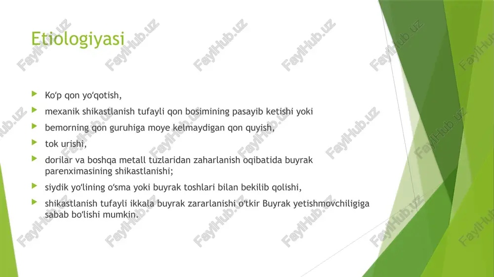 li xarakat kuzgalishi - atrof muxitga muljal buzilishi – ma'nosiz, xatto xayot uchun xavfli xarakatlar kilish - isterik, es xushining xira buzilishi: uzini yukotib kuygan, kurish va eshitish gallyutsinatsiyalari, xavotirlanish - bir necha soatdan 1-2 xaftagacha davom etadi. shoshilinch yordam. tibbiy brigadada: -jismoniy ishdan chetlatish -litik aralashma m/i kuniga 2-3 marta: aminazin 2,5% 2-3ml +dimedrol 1% 2 ml + promedol 2% 1 ml + magniy sulfat 25% 5-8 ml. intoksikatsion psixozlarda -antidot terapiya -barbamil 5% 3 ml kuniga 3 marta -fenazepam 3% 1 ml m/i –nacl 0,9% 500-1000ml v/i -glyukoza 40% 20-40 ml v/i psixogen es xushi xiralashishida: -seduksen 0,5% 2-4 ml -fenazepam 1-7 mg kuniga 3 marta ato va gospitalda kat'iy kurik, kayta litik aralashma, asosiy kasallikni davolash. image1.jpeg /docprops/thumbnail.jpeg