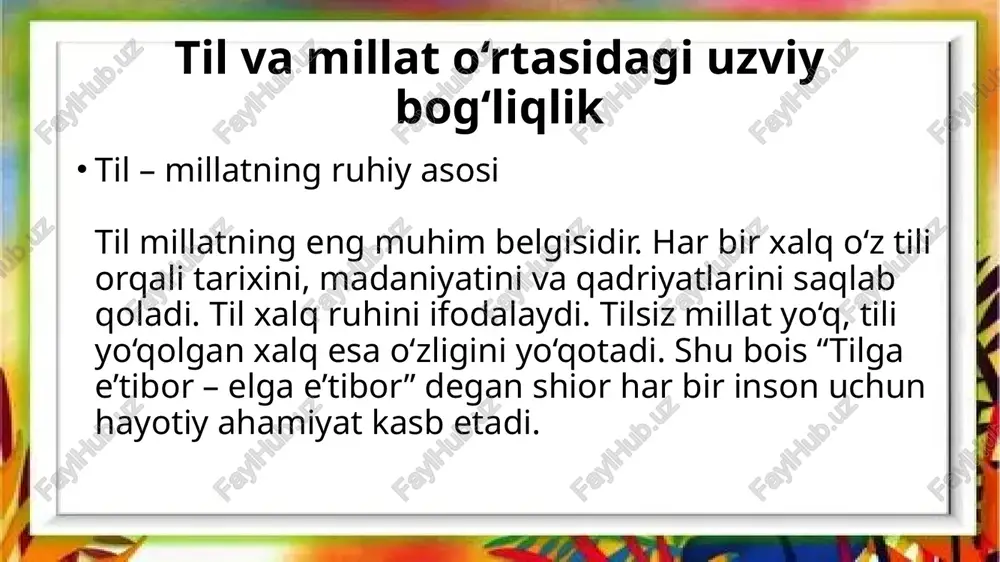 a. bu o‘zbek tilining jahon miqyosida tan olinishiga xizmat qilmoqda. til – xalqning sha’ni va or-nomusi. har bir fuqaro o‘z ona tilida faxr bilan so‘zlasa, u o‘z vataniga hurmat bildirgan bo‘ladi. ona tilini asrash – mustaqillikni, madaniyatni va millatning kelajagini asrash demakdir xulosa tilga e’tibor – bu millatning o‘zligiga, tarixiga, madaniyatiga e’tibor demakdir. o‘zbek tili bugungi kunda mustaqil davlatning faxridir. har bir fuqaro tilini sevib, e’zozlab, to‘g‘ri qo‘llasa – bu mamlakatning birligi, kelajagi va qudratini ta’minlaydi. shu bois “tilga e’tibor – elga e’tibor” degan shior har bir yurtdoshning yuragida doimo yangrab turmog‘i lozim. image1.jpeg image2.jpeg image3.jpeg image4.jpeg image5.jpeg image6.jpeg image7.jpeg image8.jpeg /docprops/thumbnail.jpeg