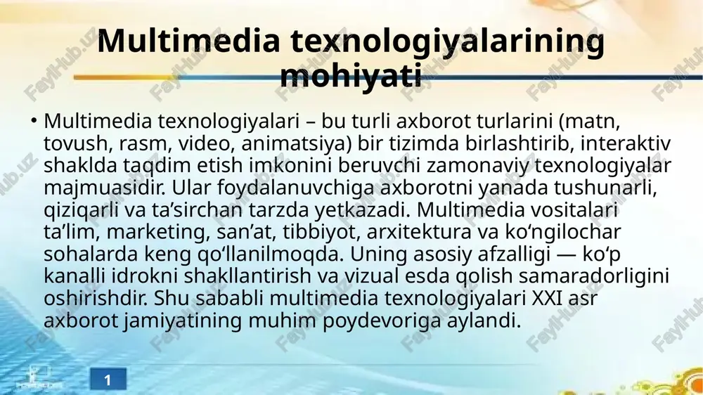 intellekt va multimedia integratsiyasi sun’iy intellekt (ai) multimedia texnologiyalarini yangi bosqichga olib chiqmoqda. ai yordamida rasm tahriri, ovoz sintezi, video montaj va avtomatik tarjima jarayonlari soddalashtirilmoqda. masalan, ai asosida yaratilgan dasturlar videolarga avtomatik subtitr qo‘shadi yoki ovozli kontentni matnga aylantiradi. shuningdek, ai dizayn va kontent yaratishda ijodiy yordamchi sifatida ishlatilmoqda. bu esa multimedia ishlab chiqarish jarayonini tezlashtirib, sifatni oshirishga xizmat qiladi. 7 mobil multimedia ilovalari bugungi kunda smartfonlar multimediya texnologiyalarining asosiy platformasiga aylangan. mobil ilovalar orqali foydalanuvchilar foto va video yaratish, tahrirlash, uzatish va baham ko‘rish imkoniyatiga ega. tiktok, instagram va youtube shorts kabi platformalar multimediya ijodining markaziga aylangan. mobil multimedia texnologiyalari nafaqat ko‘ngilochar, balki ta’limiy, tibbiy va tijorat maqsadlarida ham keng qo‘llanilmoqda. ular foydalanuvchiga kreativ imkoniyatlarni istalgan joyda taqdim etadi. 8 multimedia dizayni va estetik tamoyillar multimedia dizayni – bu axborotni estetik va funksional jihatdan uyg‘un tarzda taqdim etish san’atidir. dizaynda rang uyg‘unligi, matn o‘qiluvchanligi, animatsiya soddaligi va foydalanuvchi …