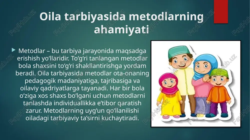 ota-onalar pedagogik bilim va ko‘nikmalarga ega bo‘lishi, farzand bilan doimiy muloqotda bo‘lishi lozim. oila muhitida mehr, ishonch va o‘zaro hurmat ustuvor bo‘lishi kerak. har bir bola bilan individual ishlash, uning qiziqishlarini qo‘llab-quvvatlash, muvaffaqiyatlarini qadrlash – tarbiya natijasini kuchaytiradi. shuningdek, maktab, mahalla va jamoatchilik bilan hamkorlik oila tarbiyasining muhim omilidir. image6.jpeg image7.jpeg image8.jpeg image9.jpeg image10.jpeg image2.png image3.png image4.png image5.png /docprops/thumbnail.jpeg